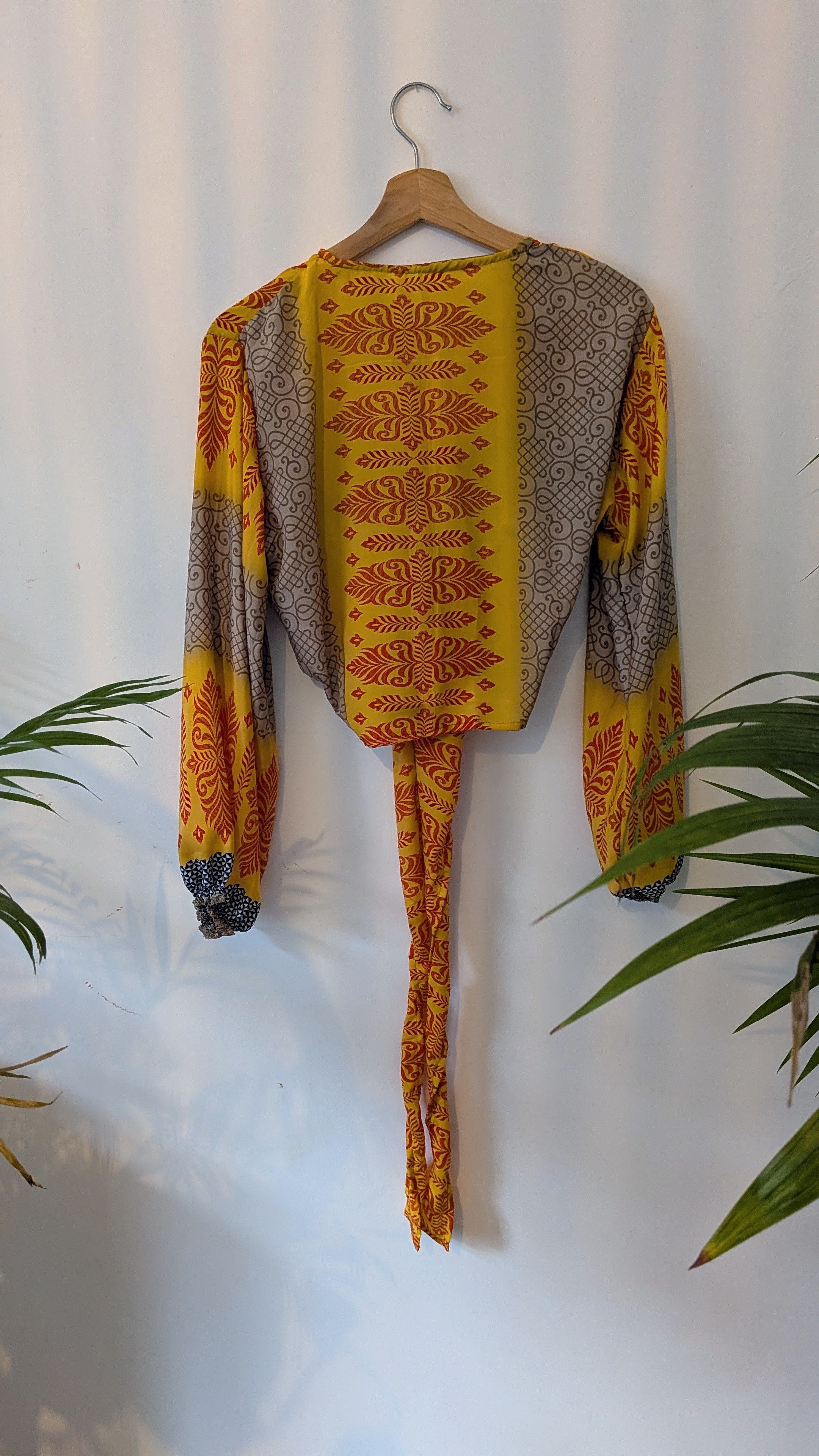 Wrap blouse with bishop sleeves