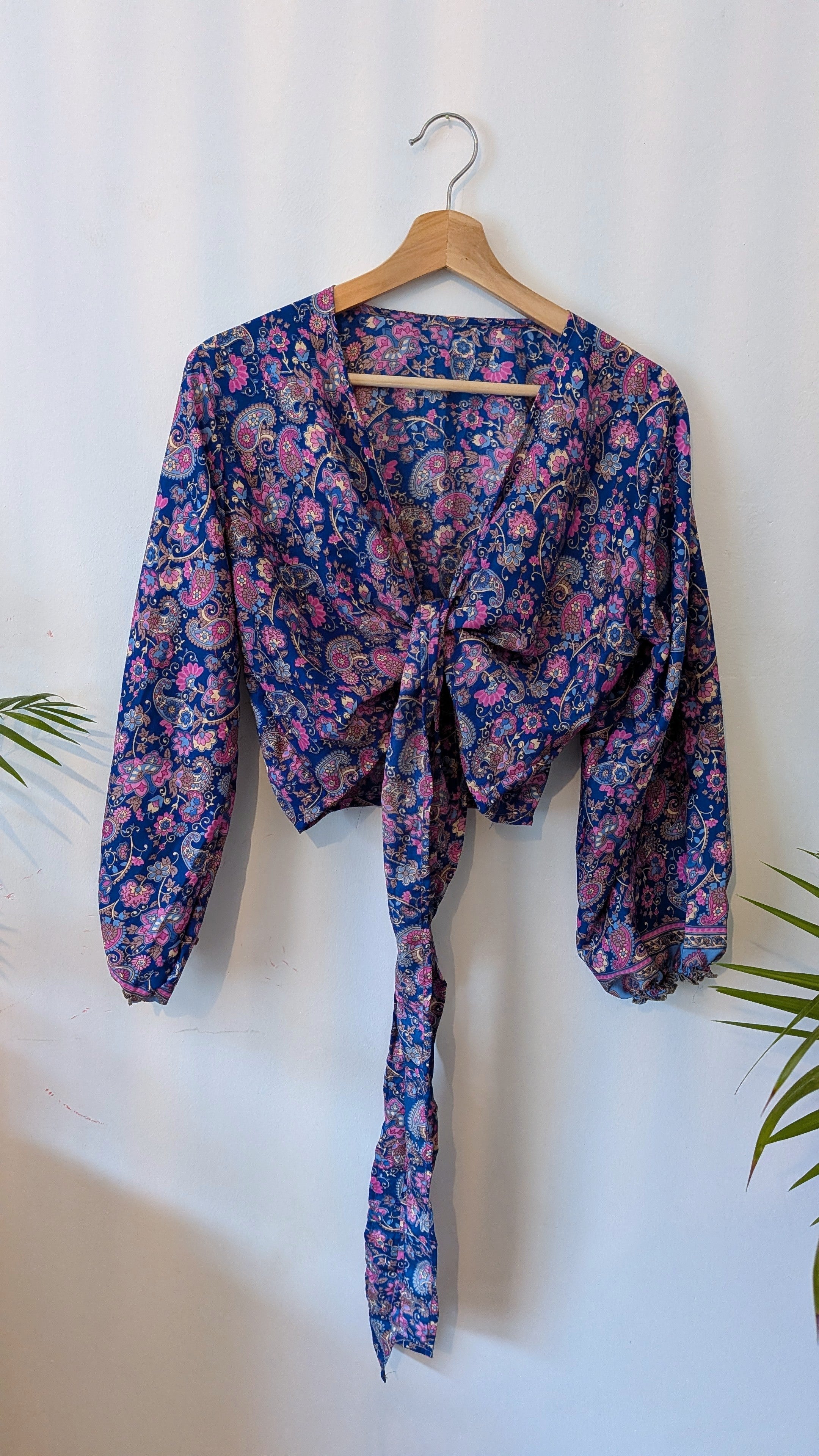 Wrap blouse with bishop sleeves