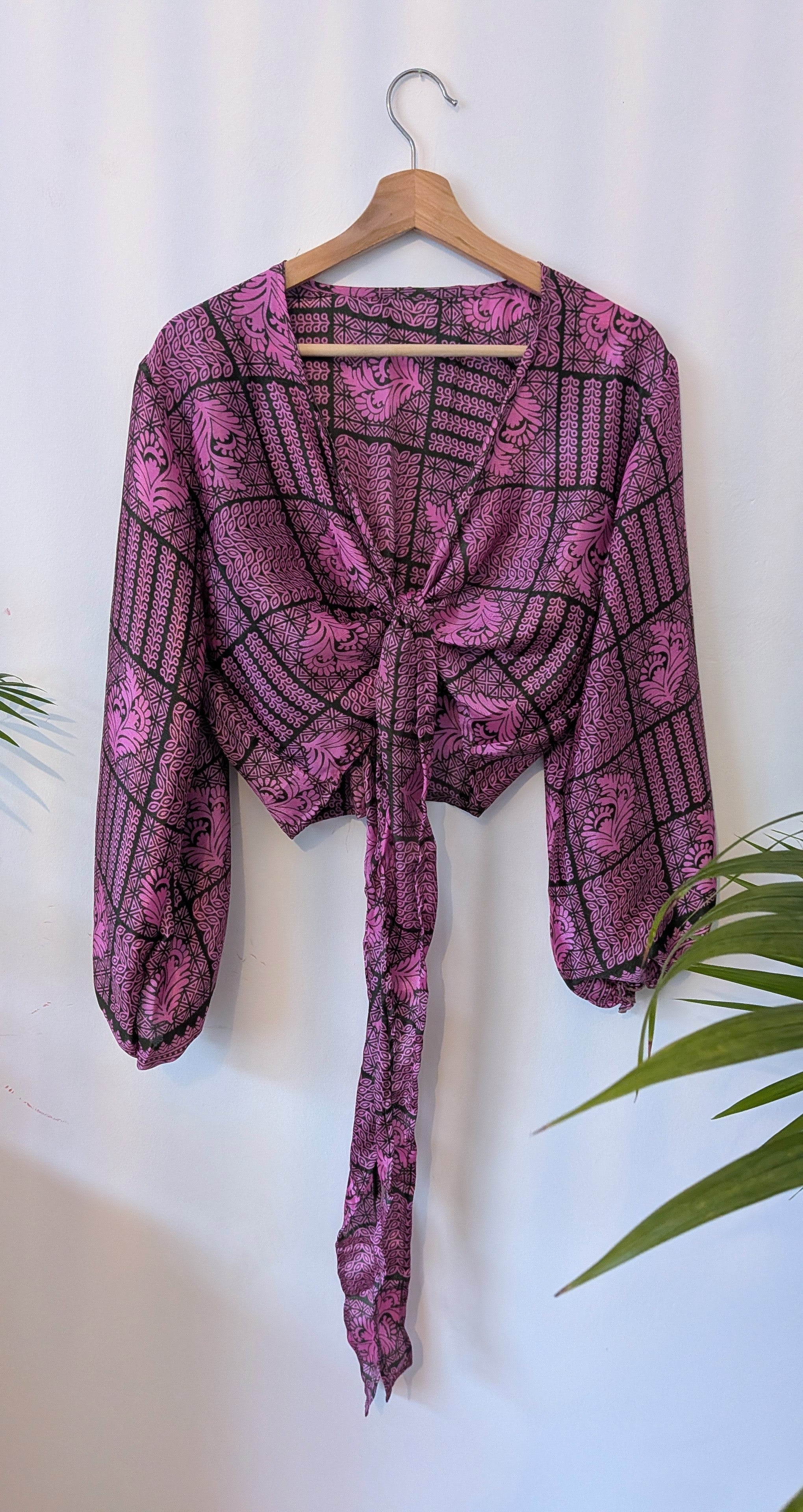 Wrap blouse with bishop sleeves