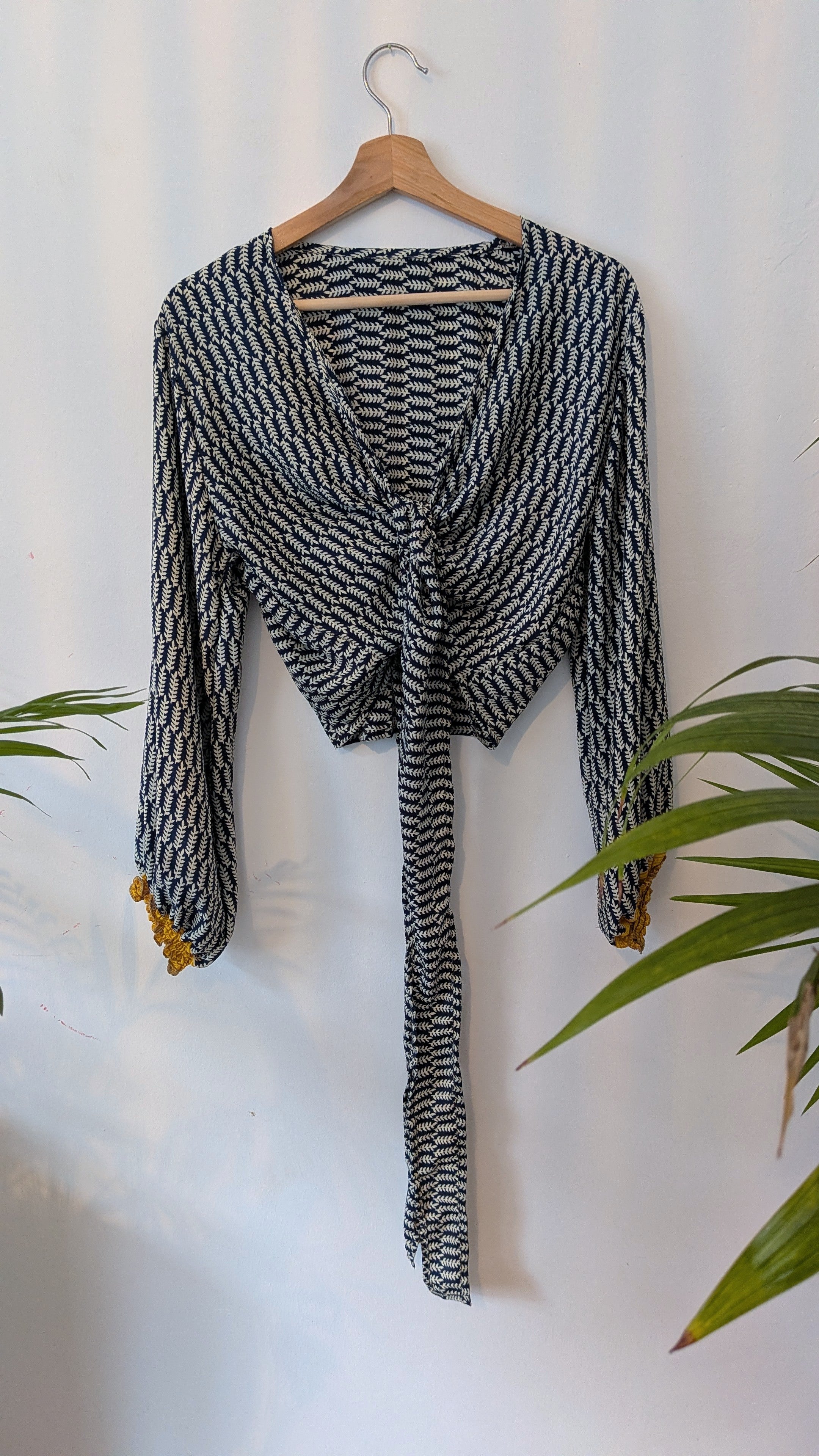 Wrap blouse with bishop sleeves