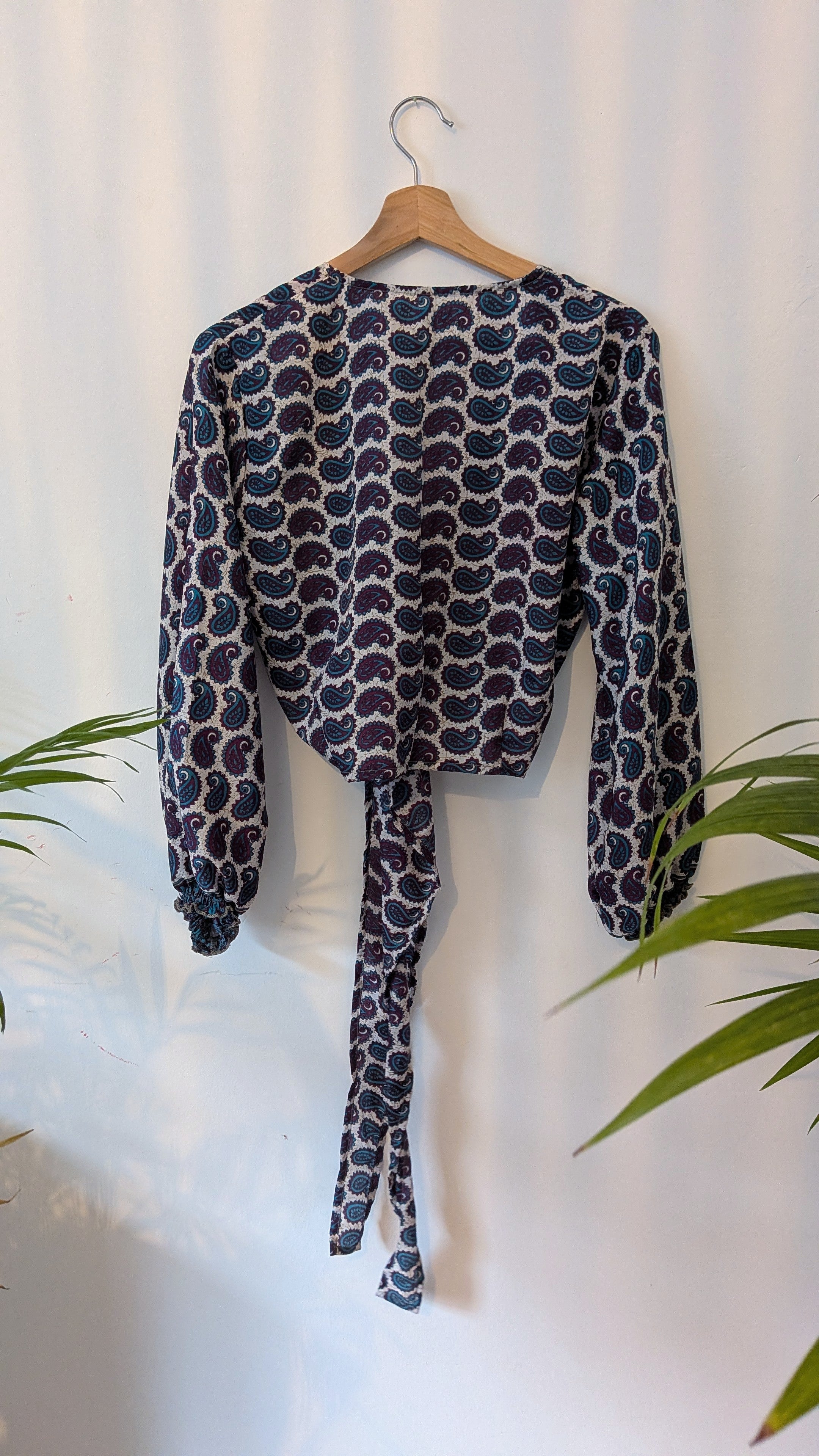 Wrap blouse with bishop sleeves