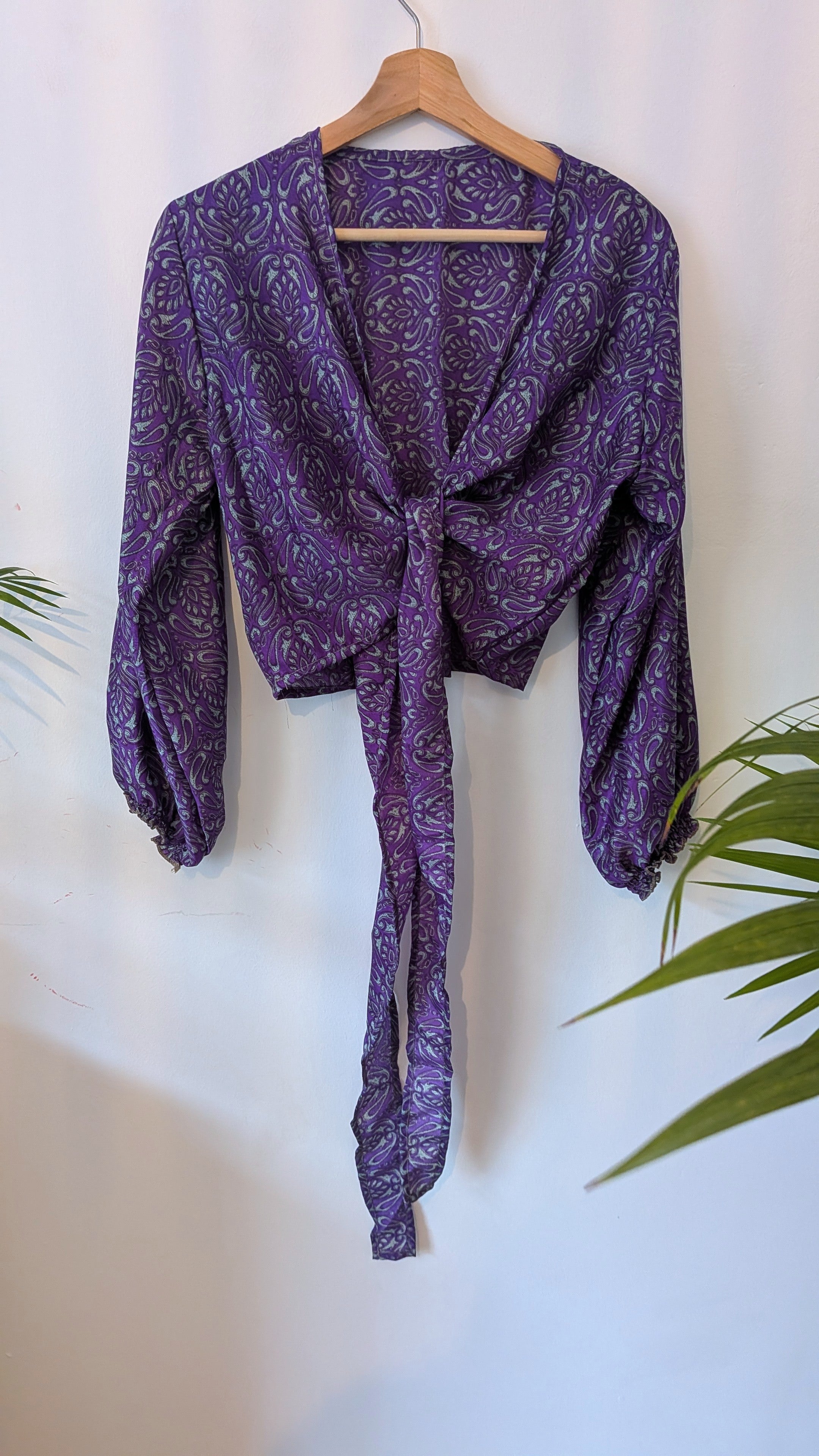 Wrap blouse with bishop sleeves