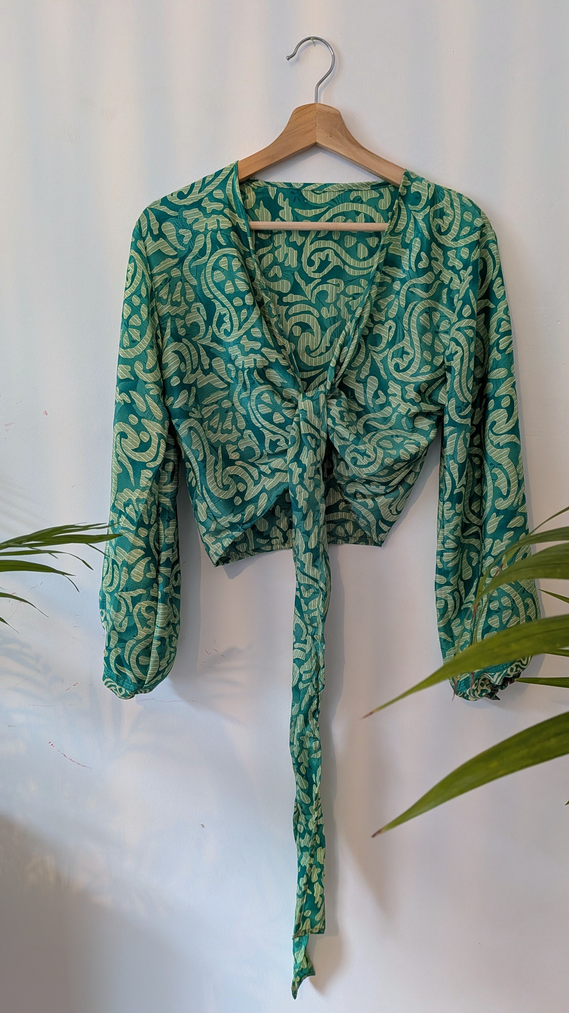 Wrap blouse with bishop sleeves