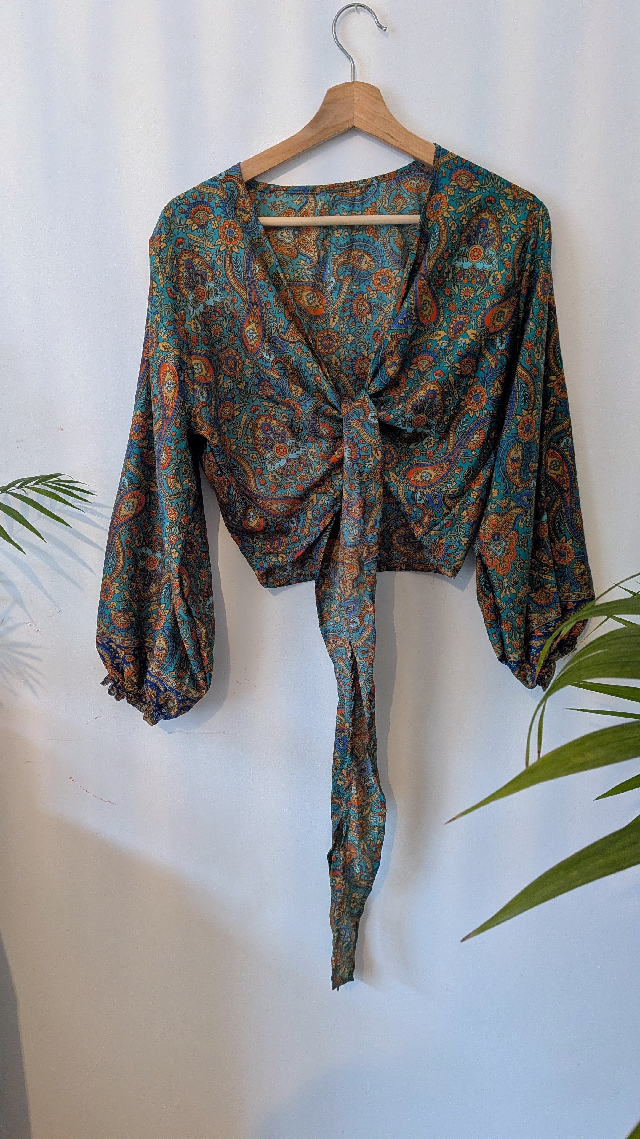 Wrap blouse with bishop sleeves