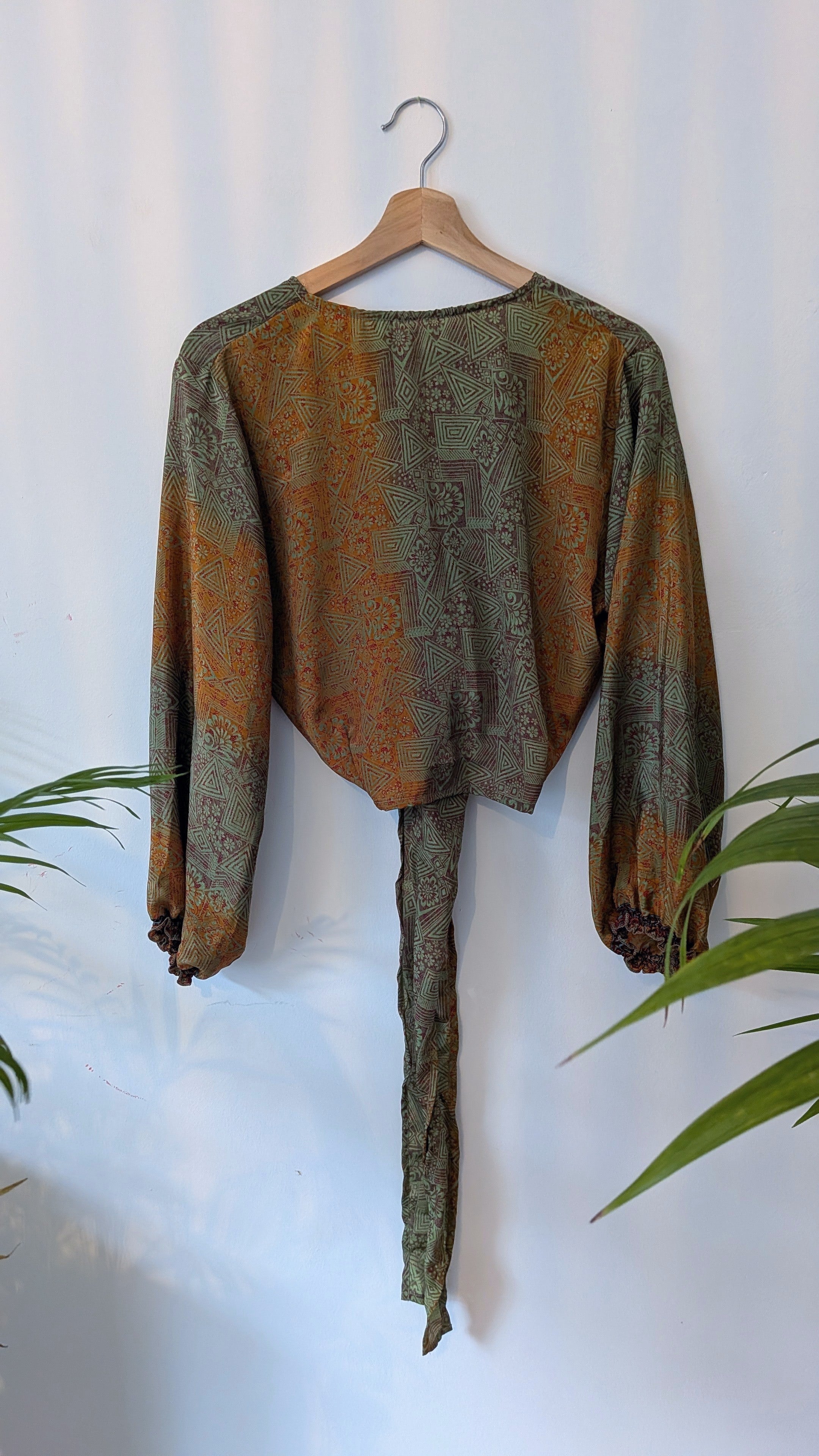Wrap blouse with bishop sleeves