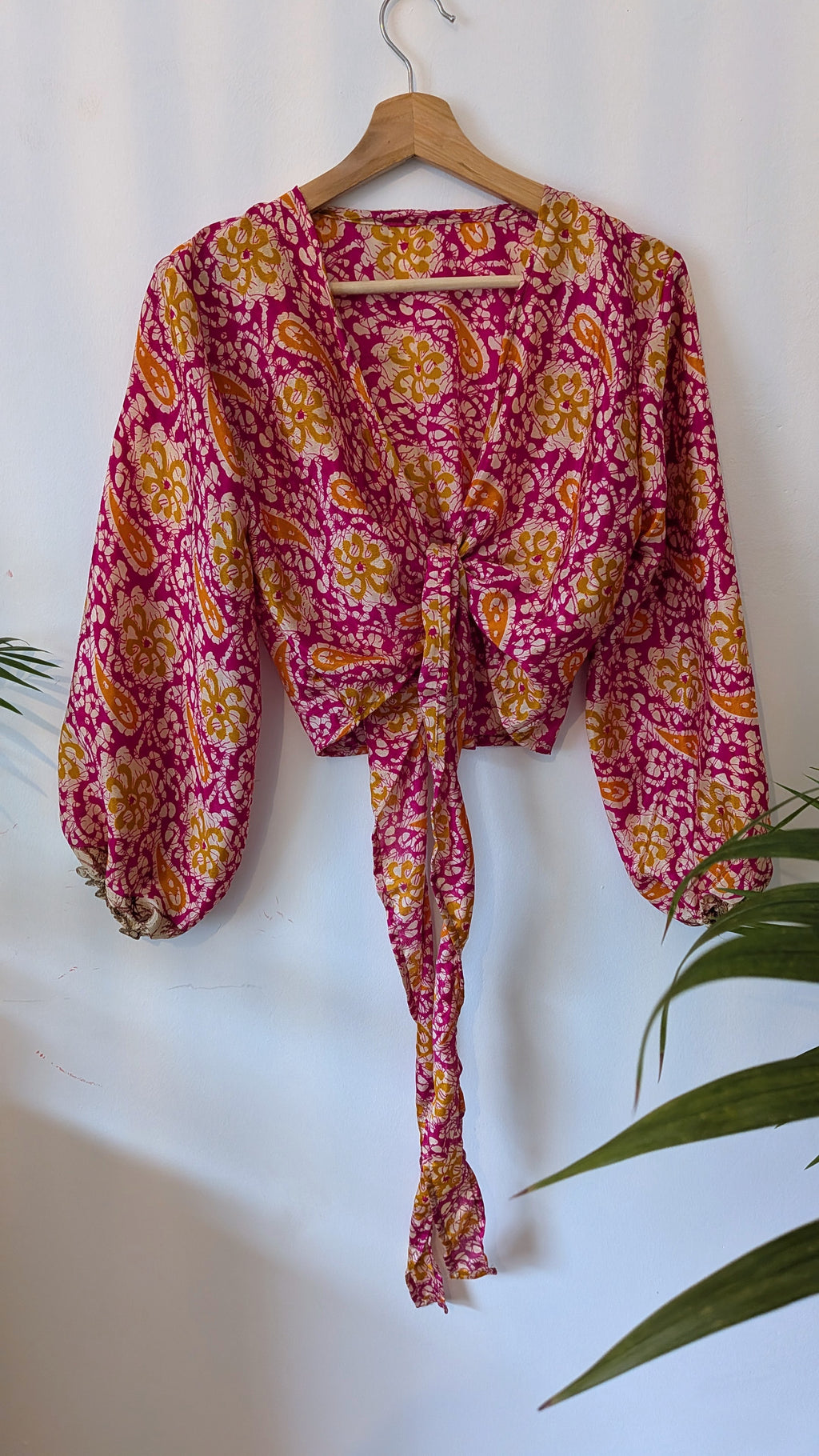 Wrap blouse with bishop sleeves