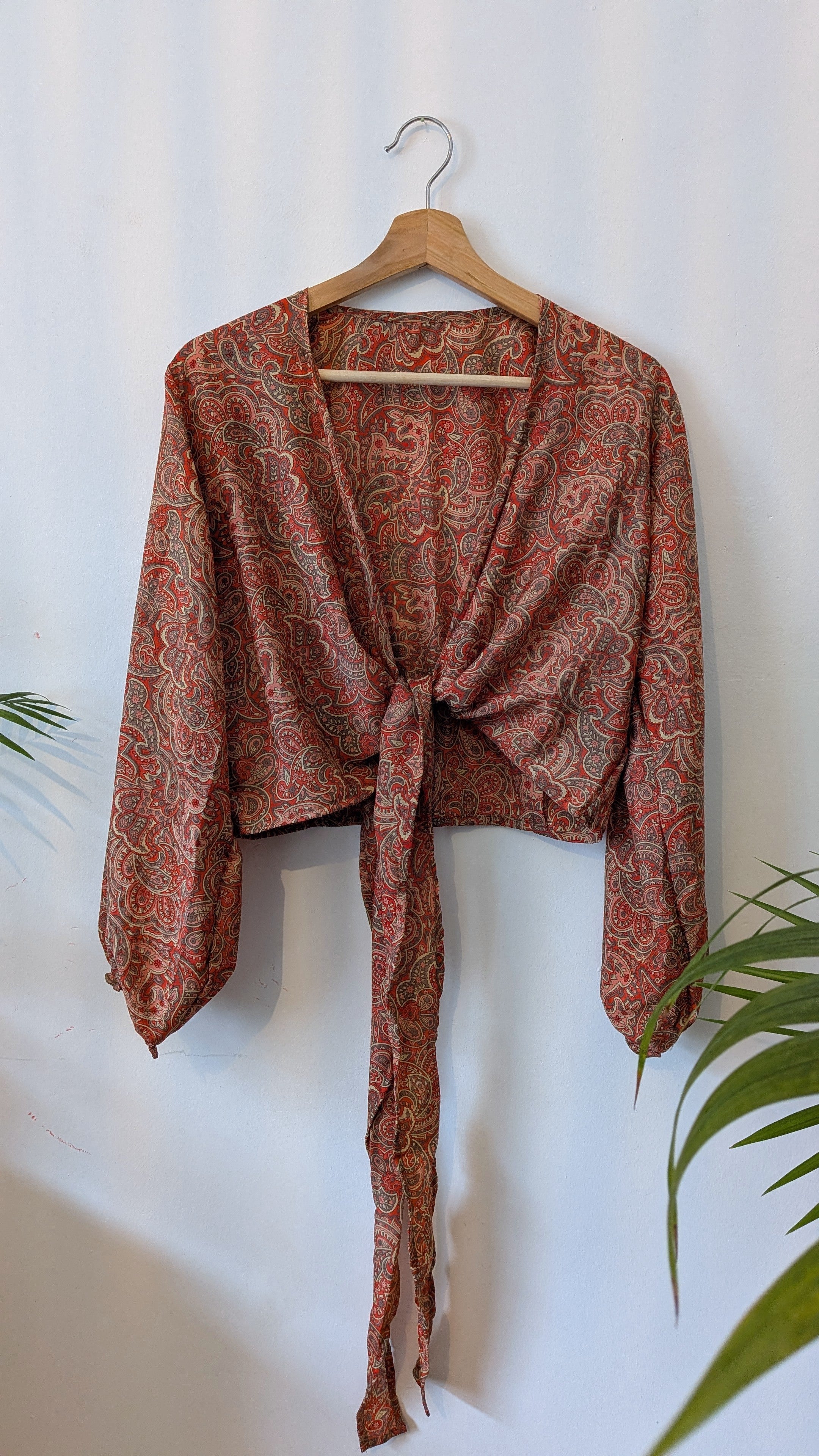 Wrap blouse with bishop sleeves