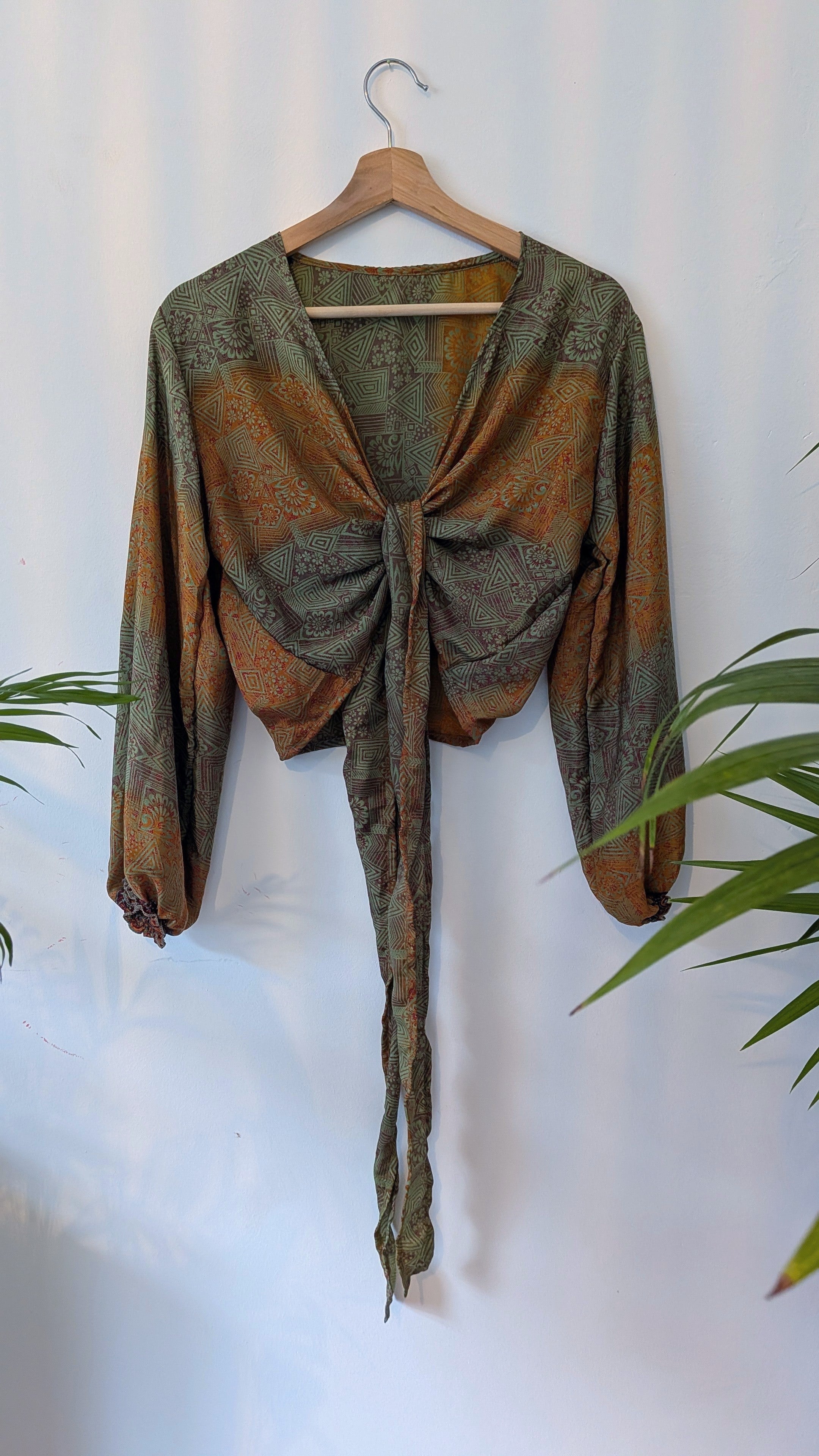 Wrap blouse with bishop sleeves