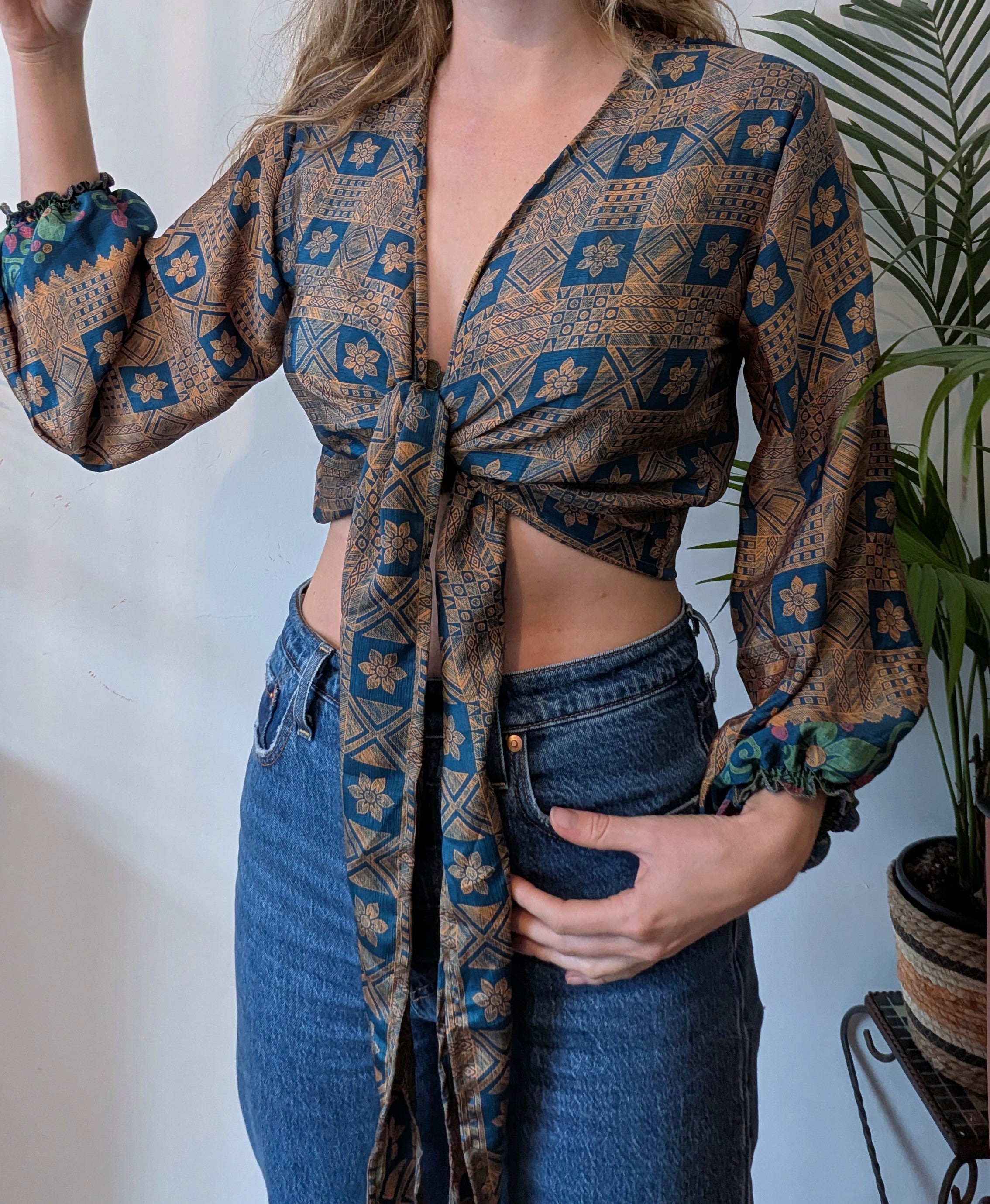 Wrap blouse with bishop sleeves