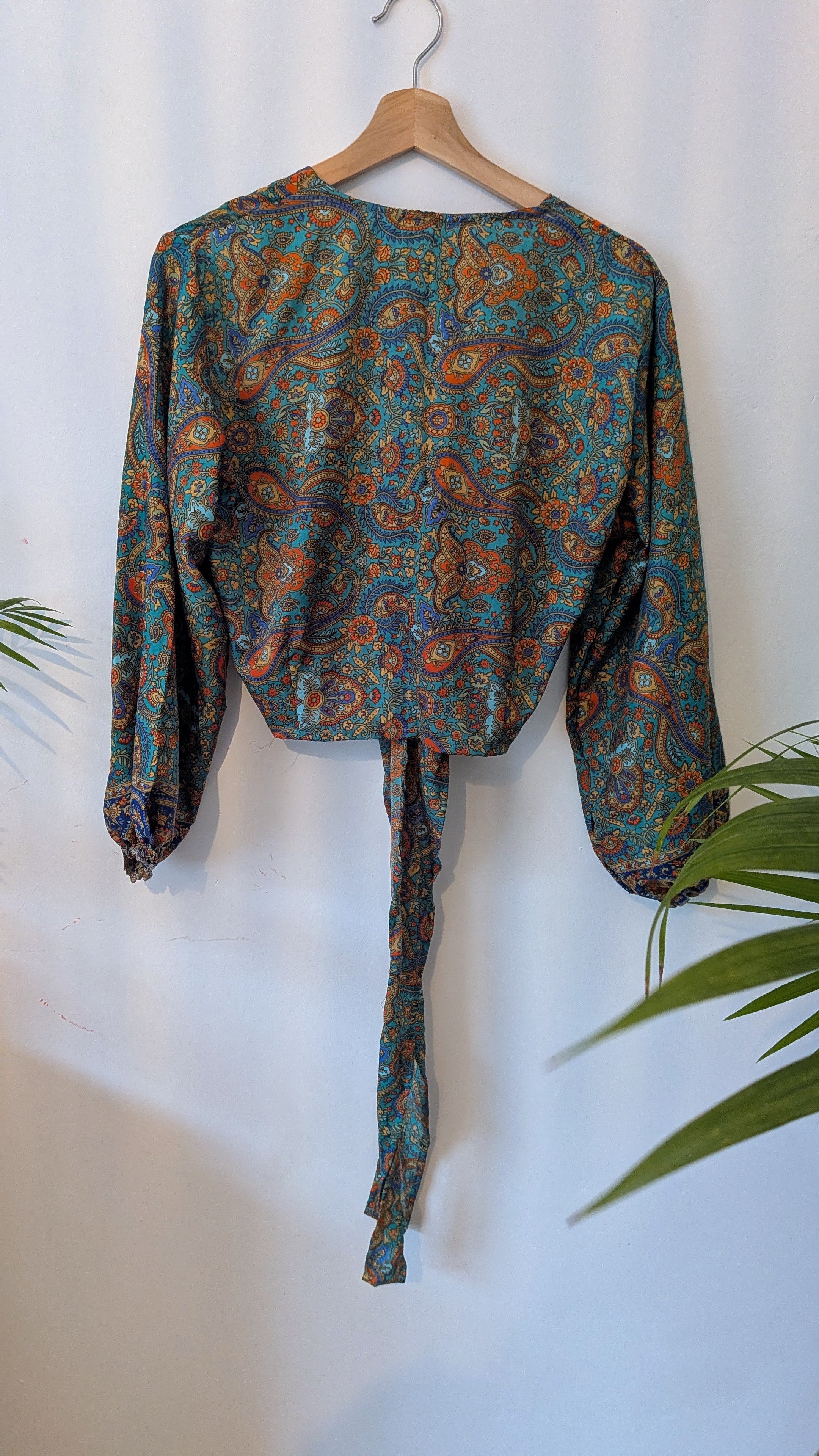 Wrap blouse with bishop sleeves