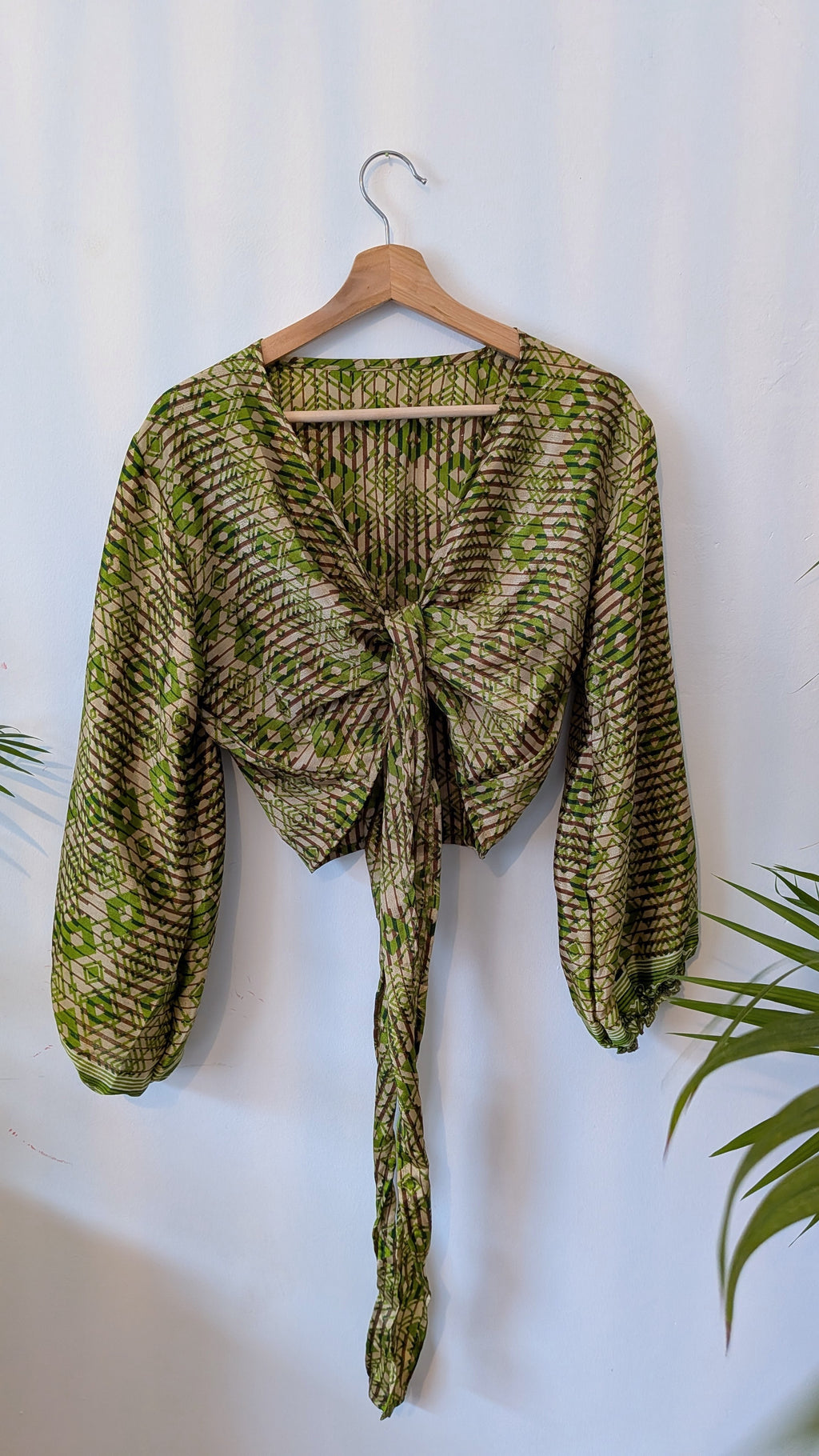 Wrap blouse with bishop sleeves