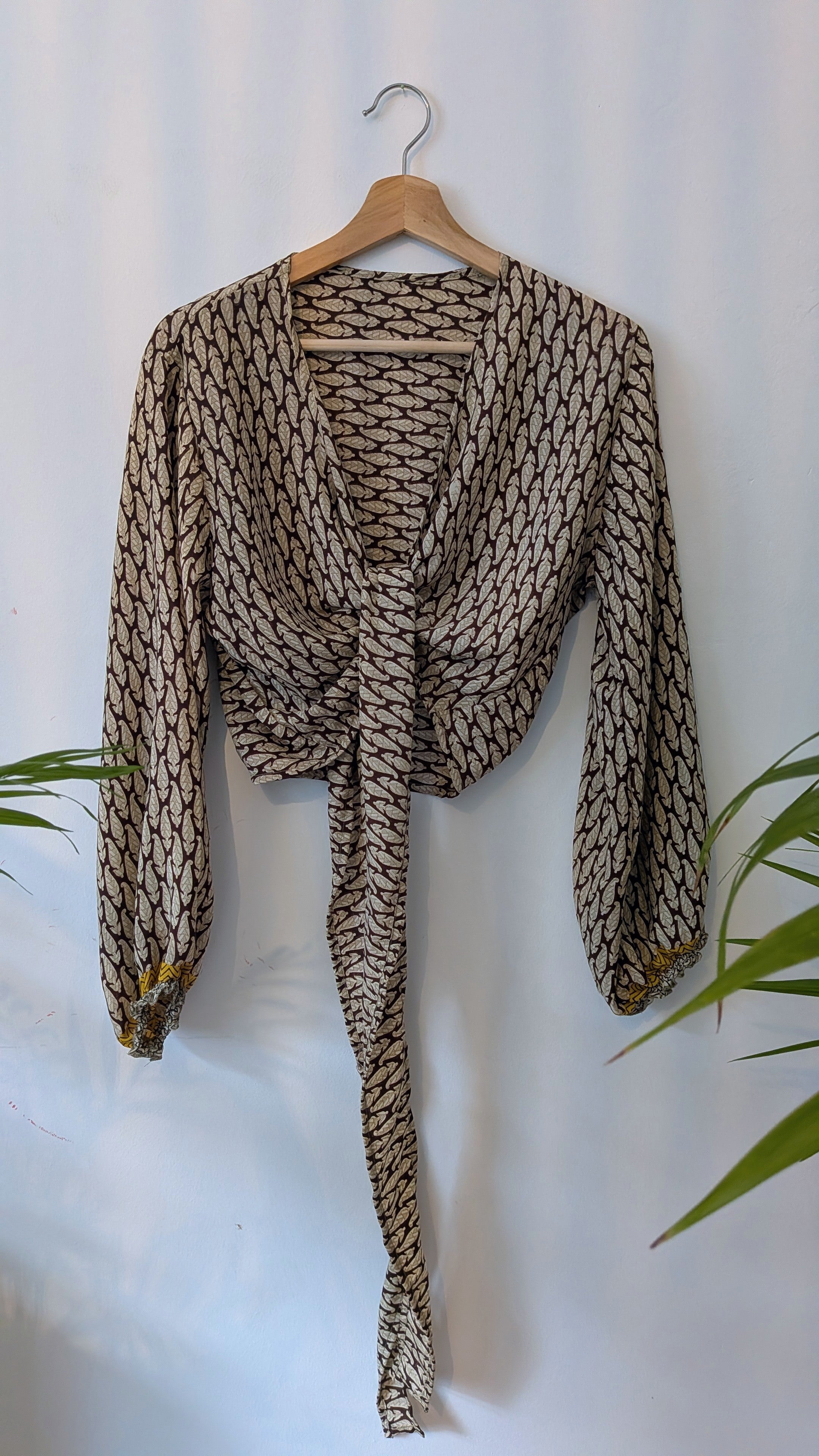 Wrap blouse with bishop sleeves