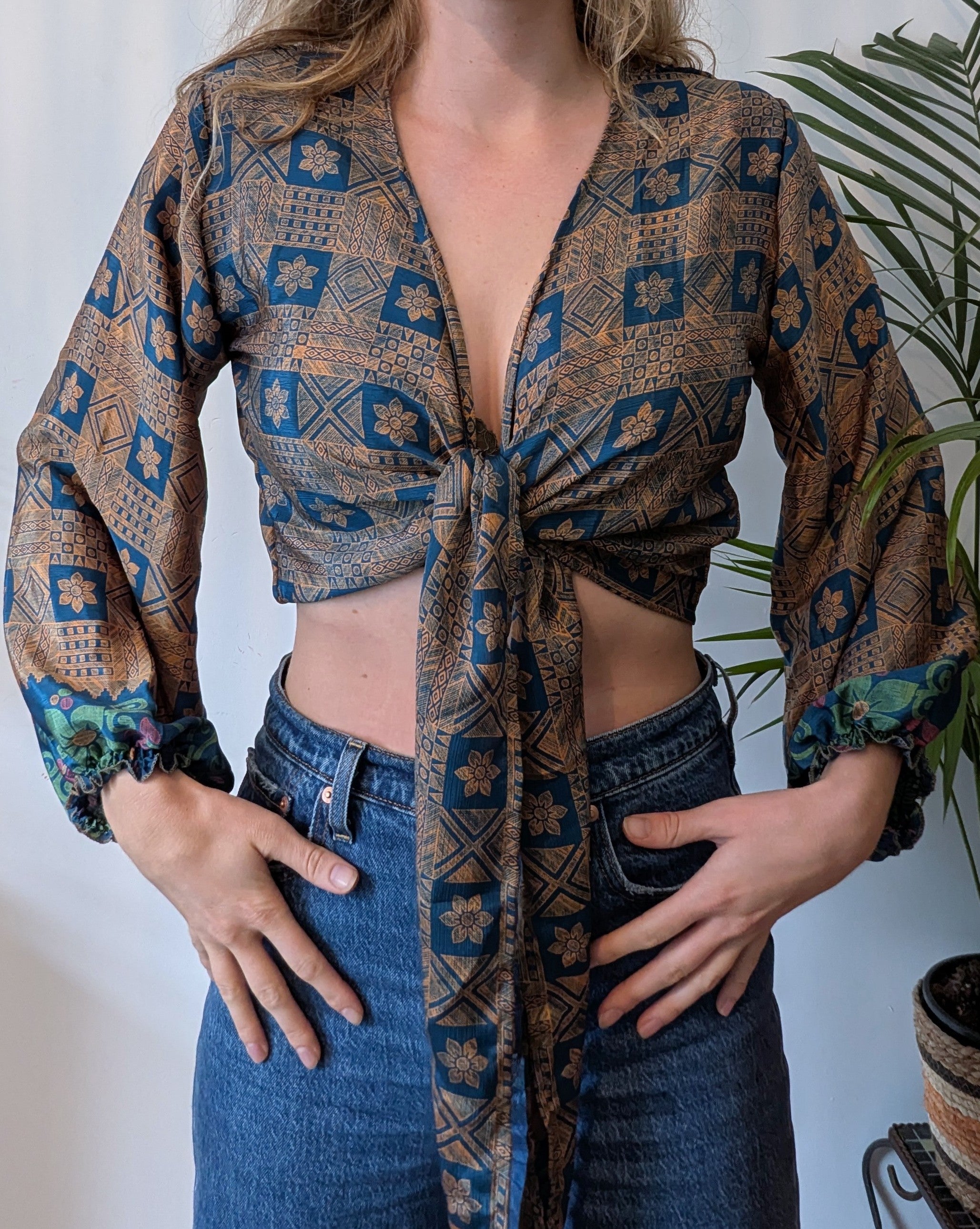 Wrap blouse with bishop sleeves