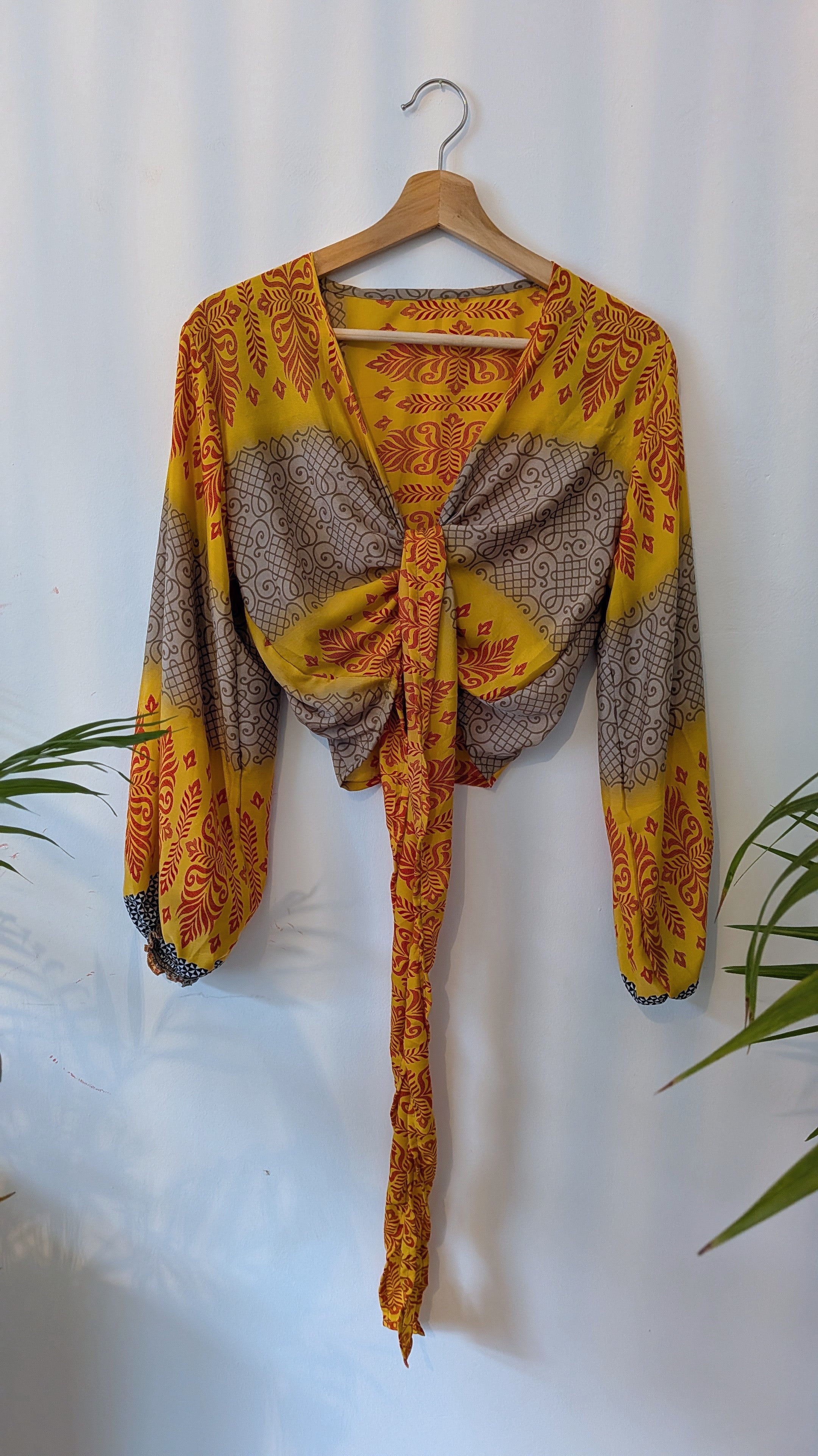 Wrap blouse with bishop sleeves