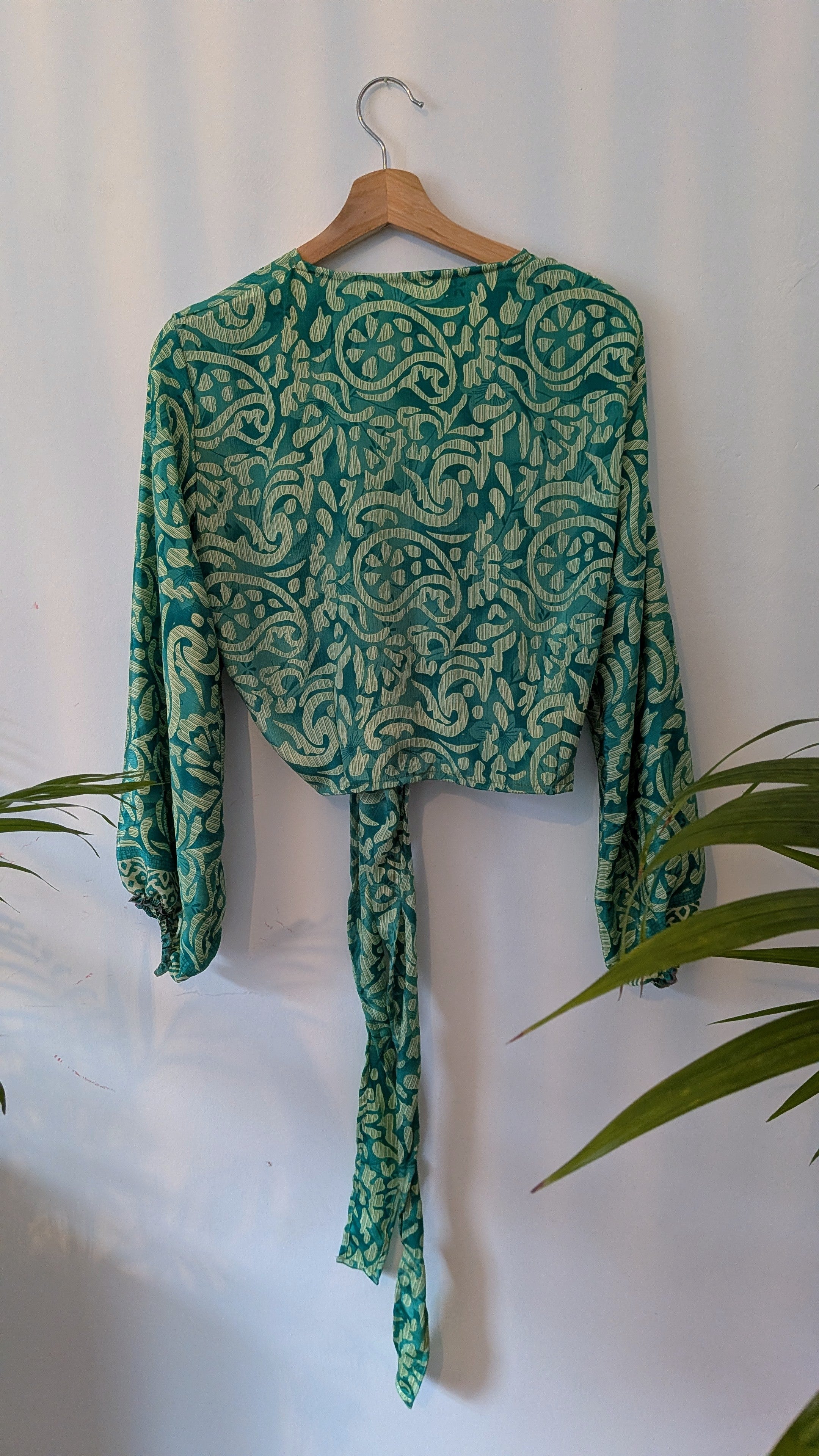 Wrap blouse with bishop sleeves
