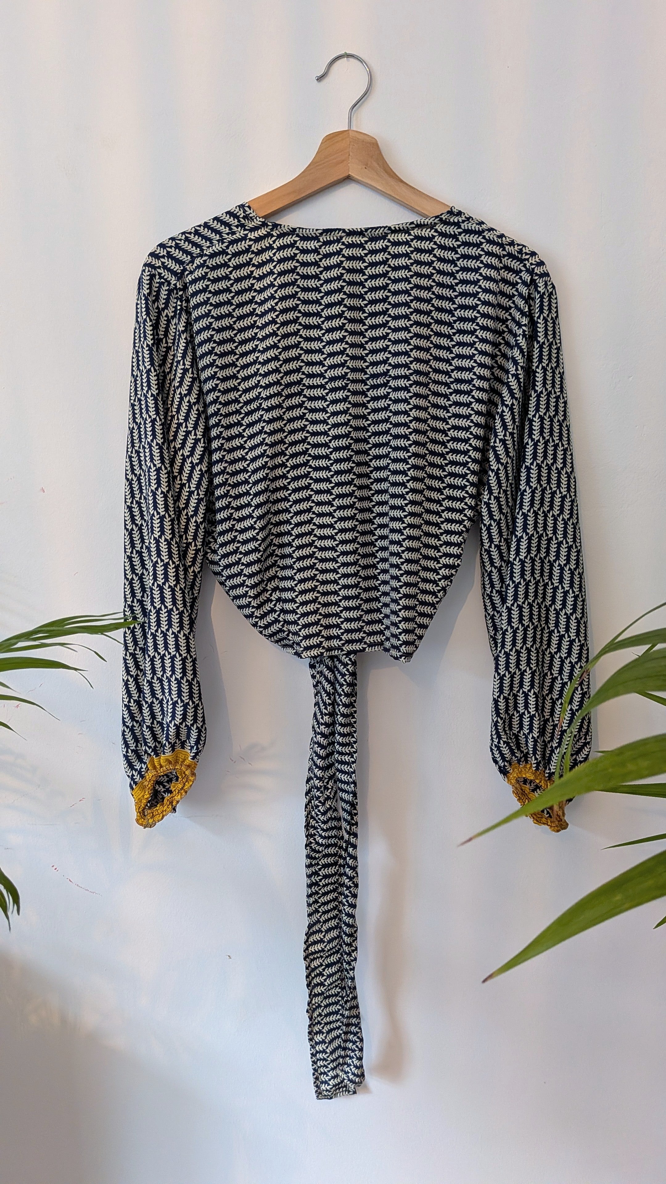 Wrap blouse with bishop sleeves