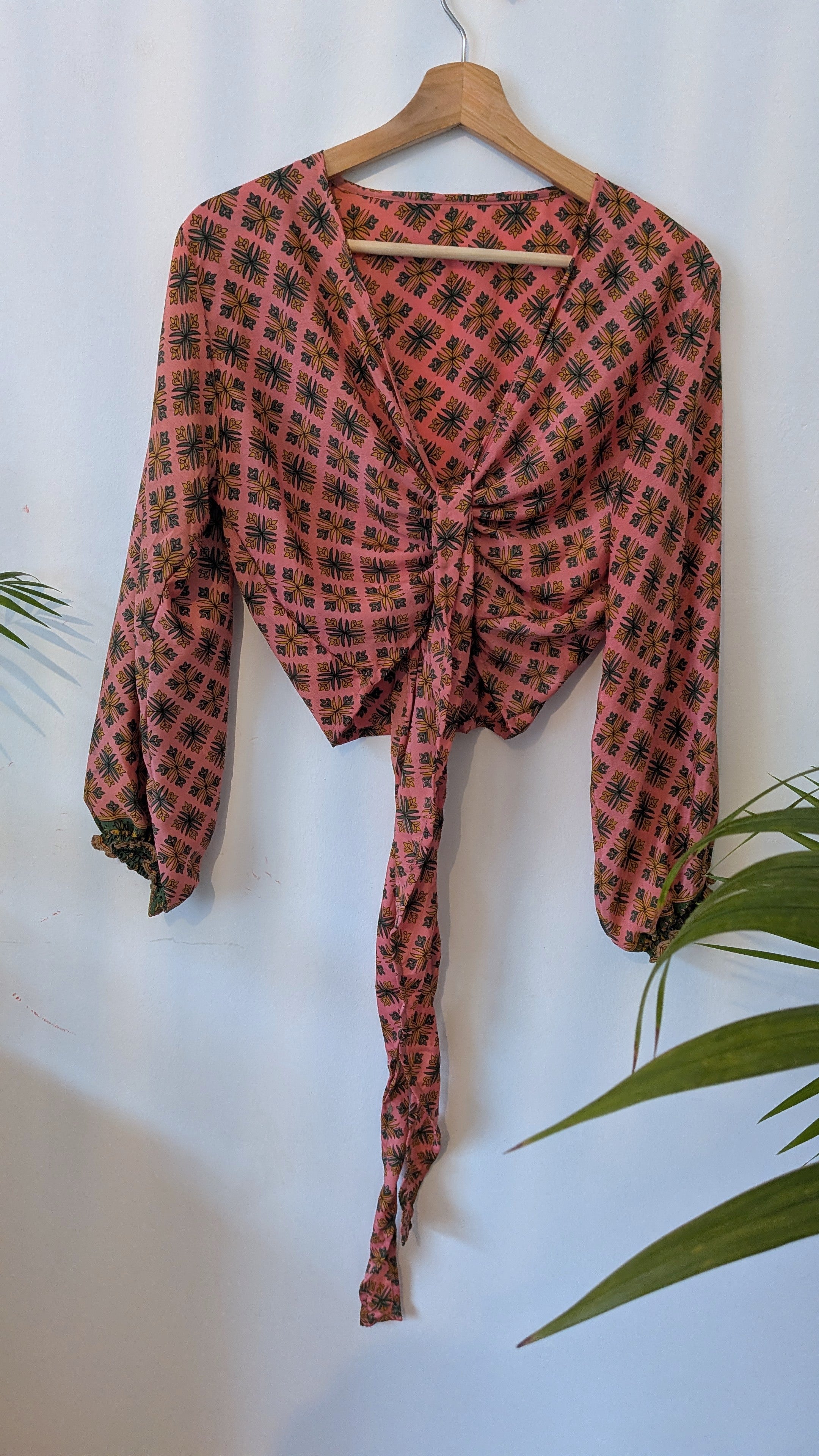 Wrap blouse with bishop sleeves