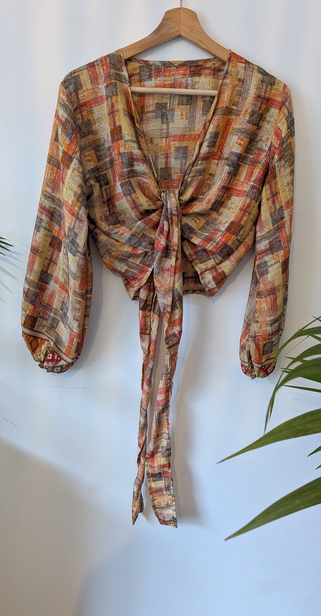 Wrap blouse with bishop sleeves