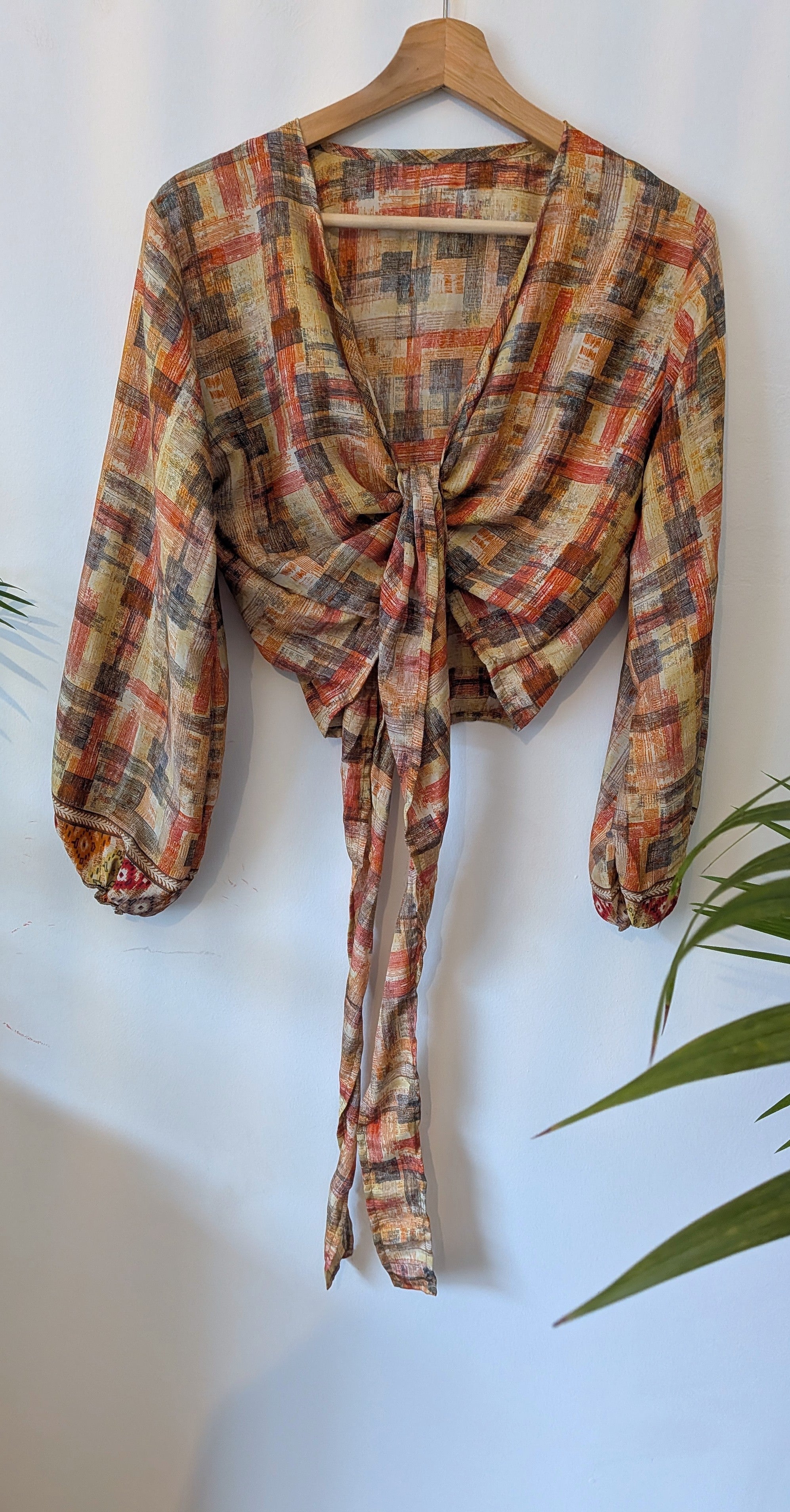 Wrap blouse with bishop sleeves