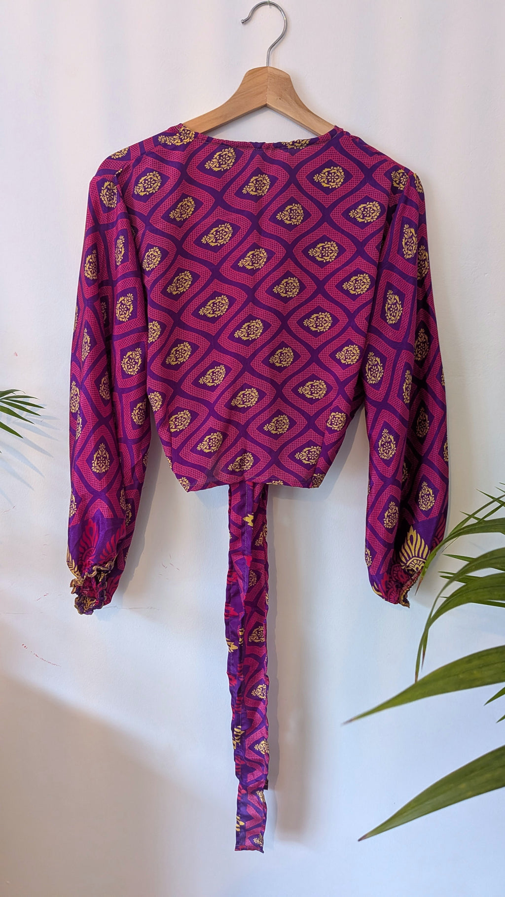 Wrap blouse with bishop sleeves