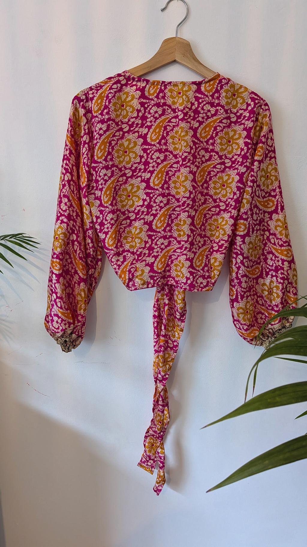 Wrap blouse with bishop sleeves