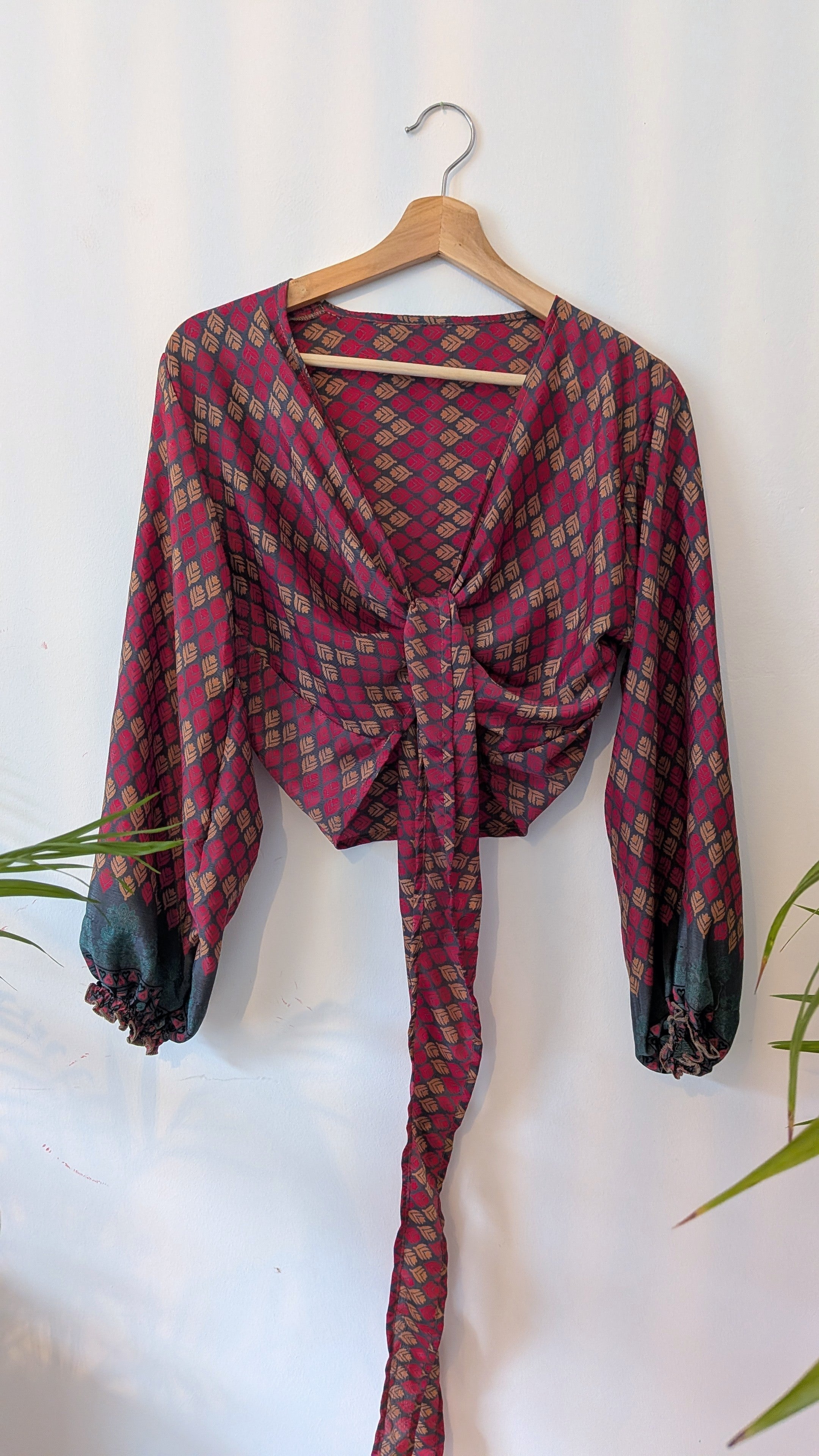 Wrap blouse with bishop sleeves