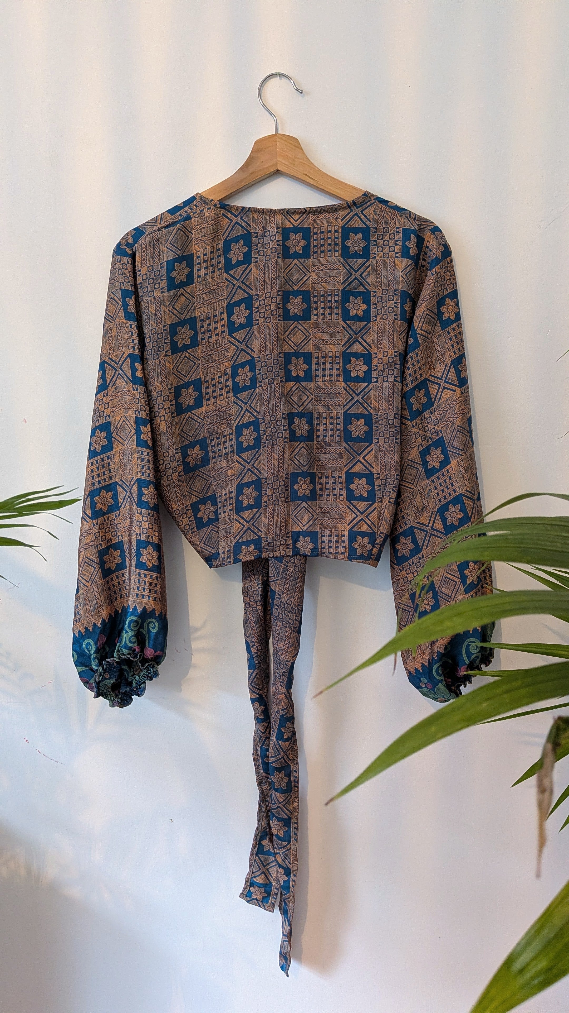 Wrap blouse with bishop sleeves