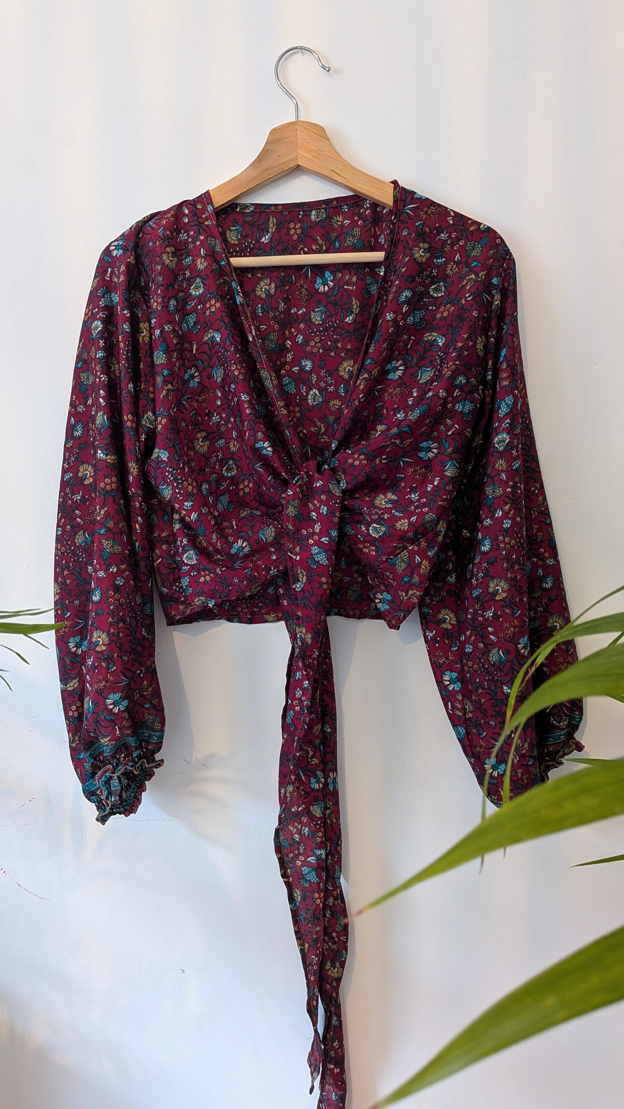 Wrap blouse with bishop sleeves