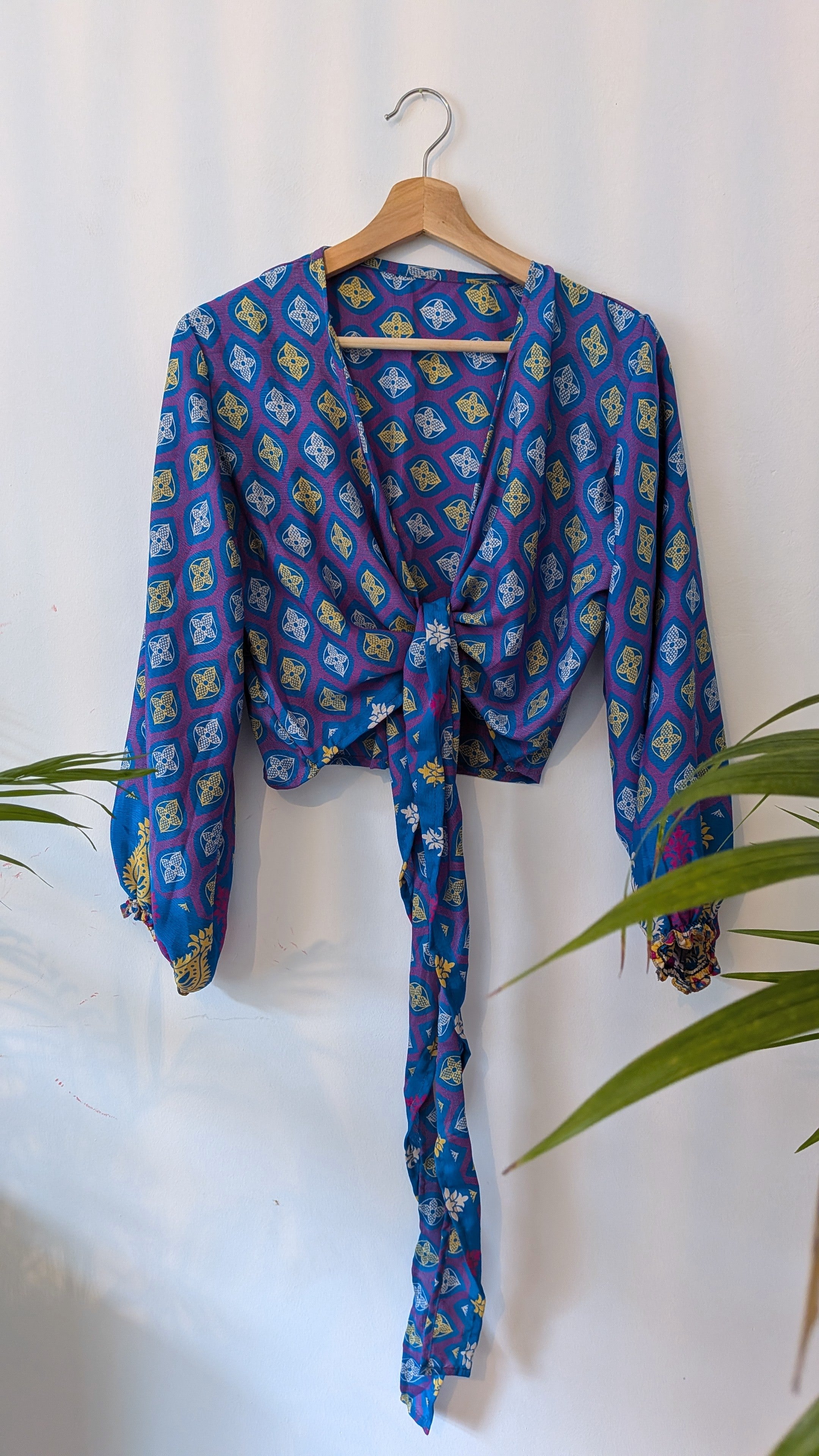 Wrap blouse with bishop sleeves