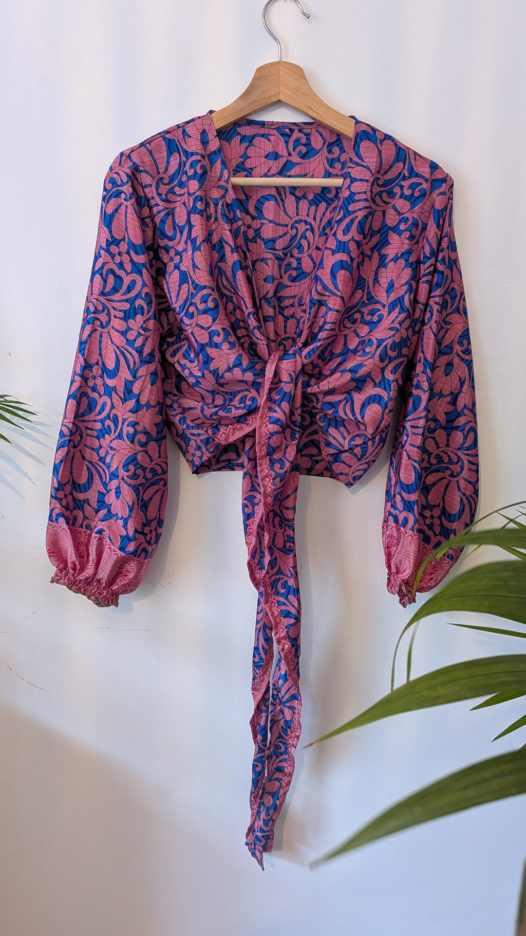 Wrap blouse with bishop sleeves