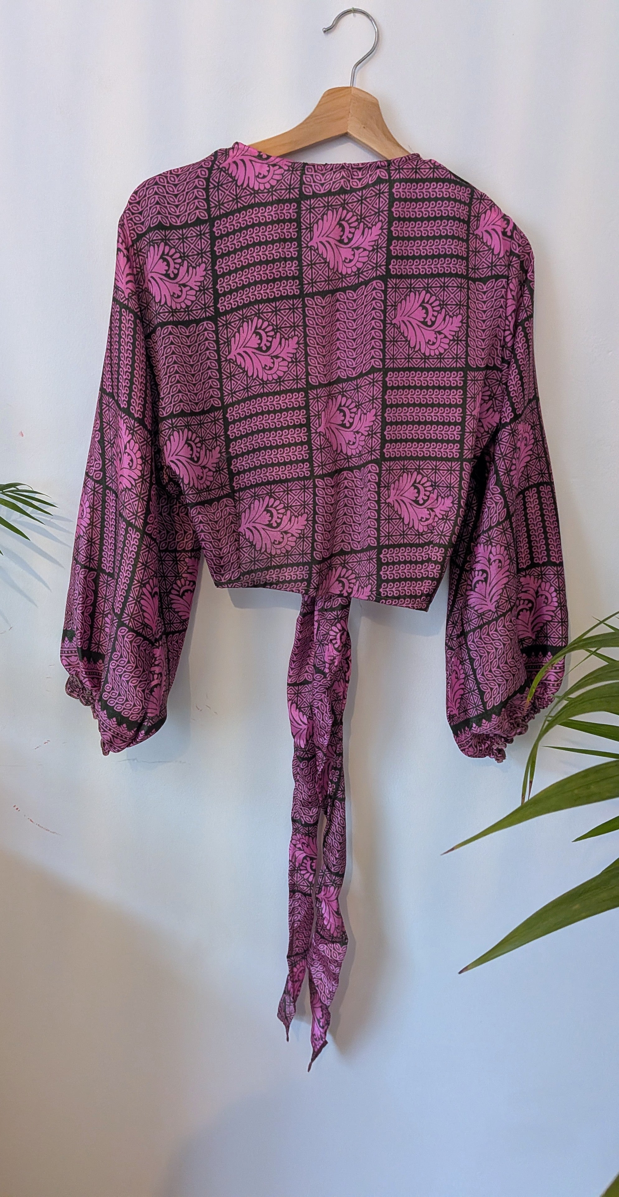 Wrap blouse with bishop sleeves