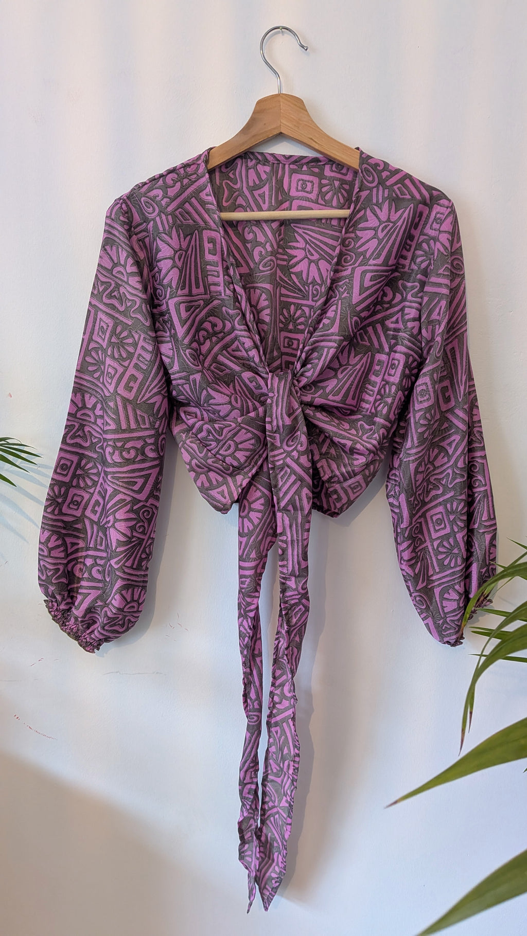 Wrap blouse with bishop sleeves