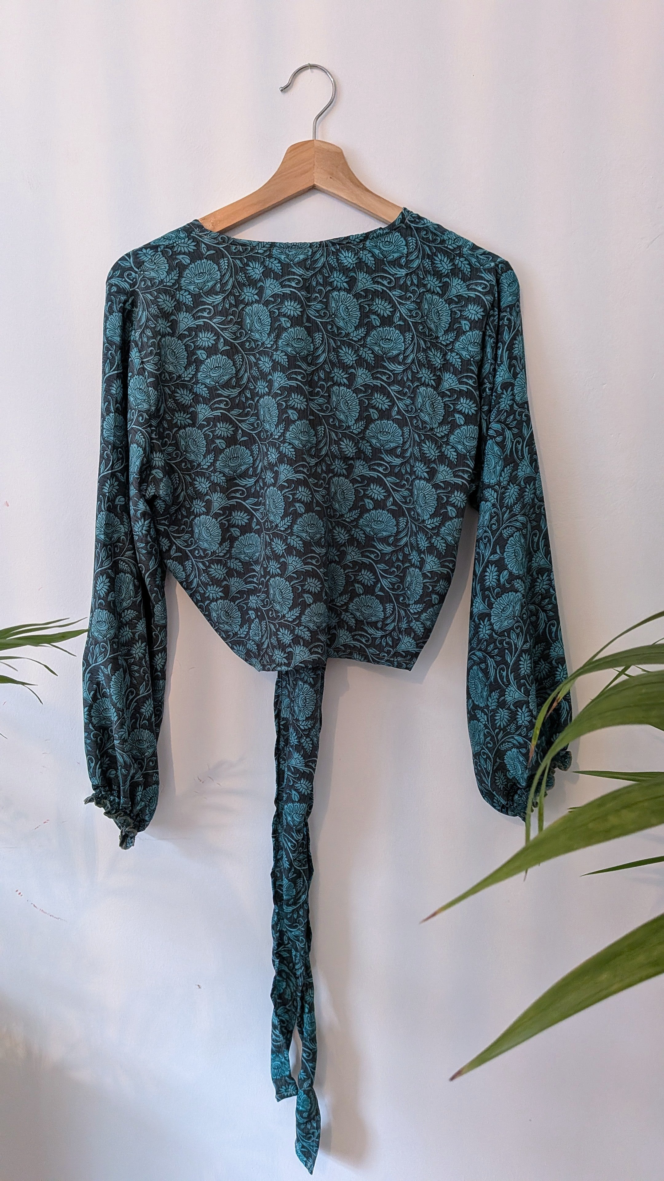 Wrap blouse with bishop sleeves