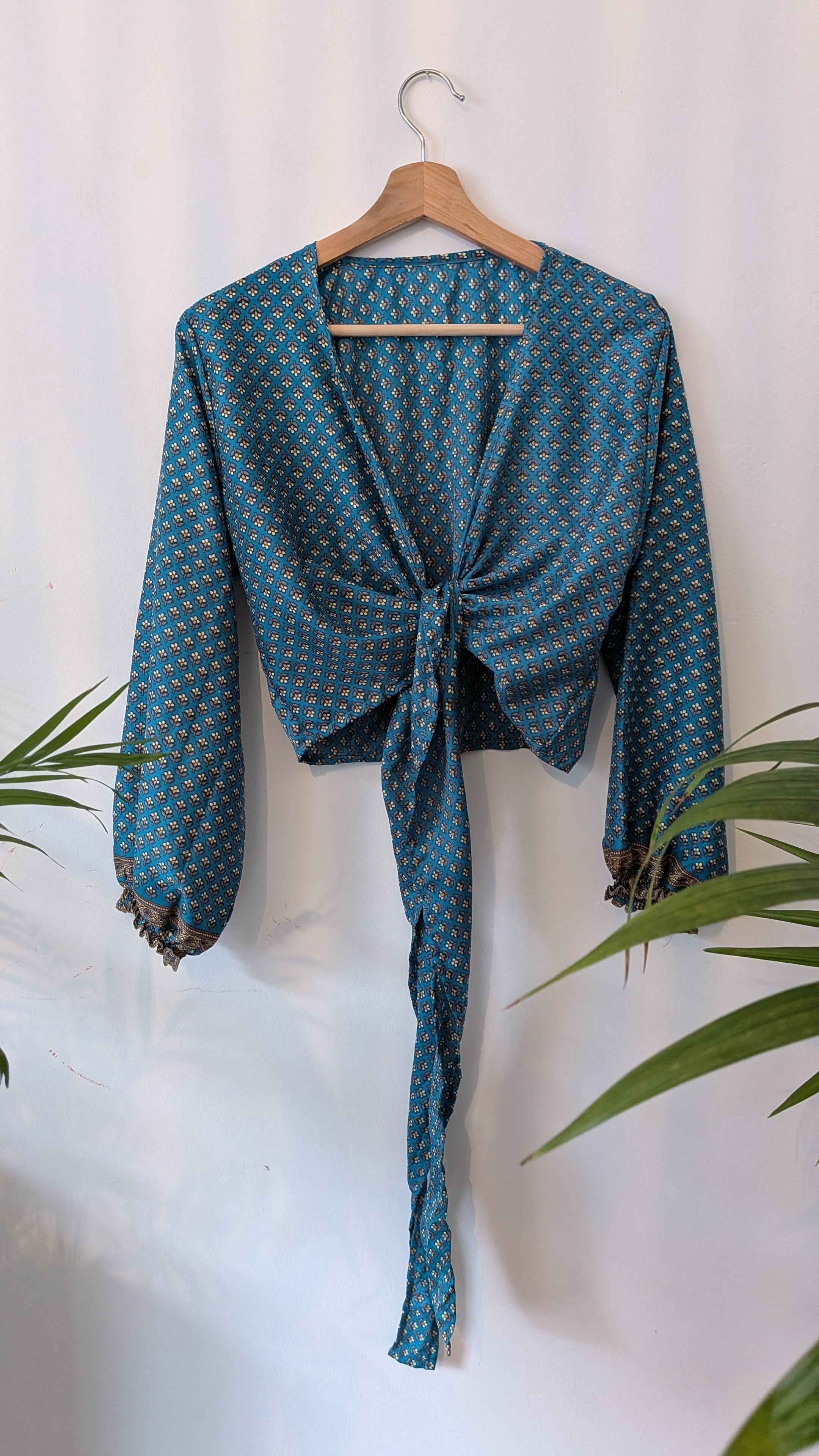 Wrap blouse with bishop sleeves