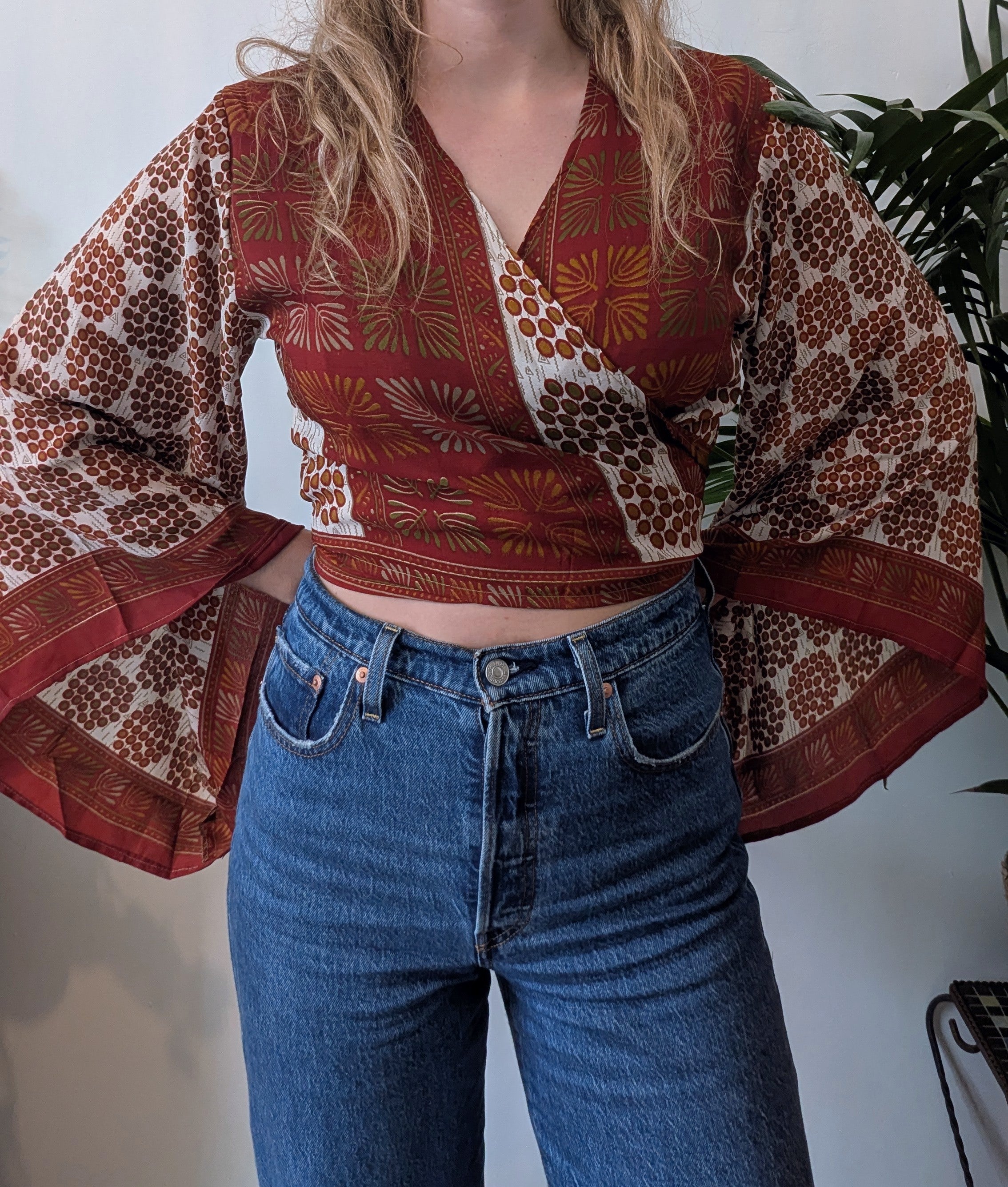 Wrap blouse bell sleeve