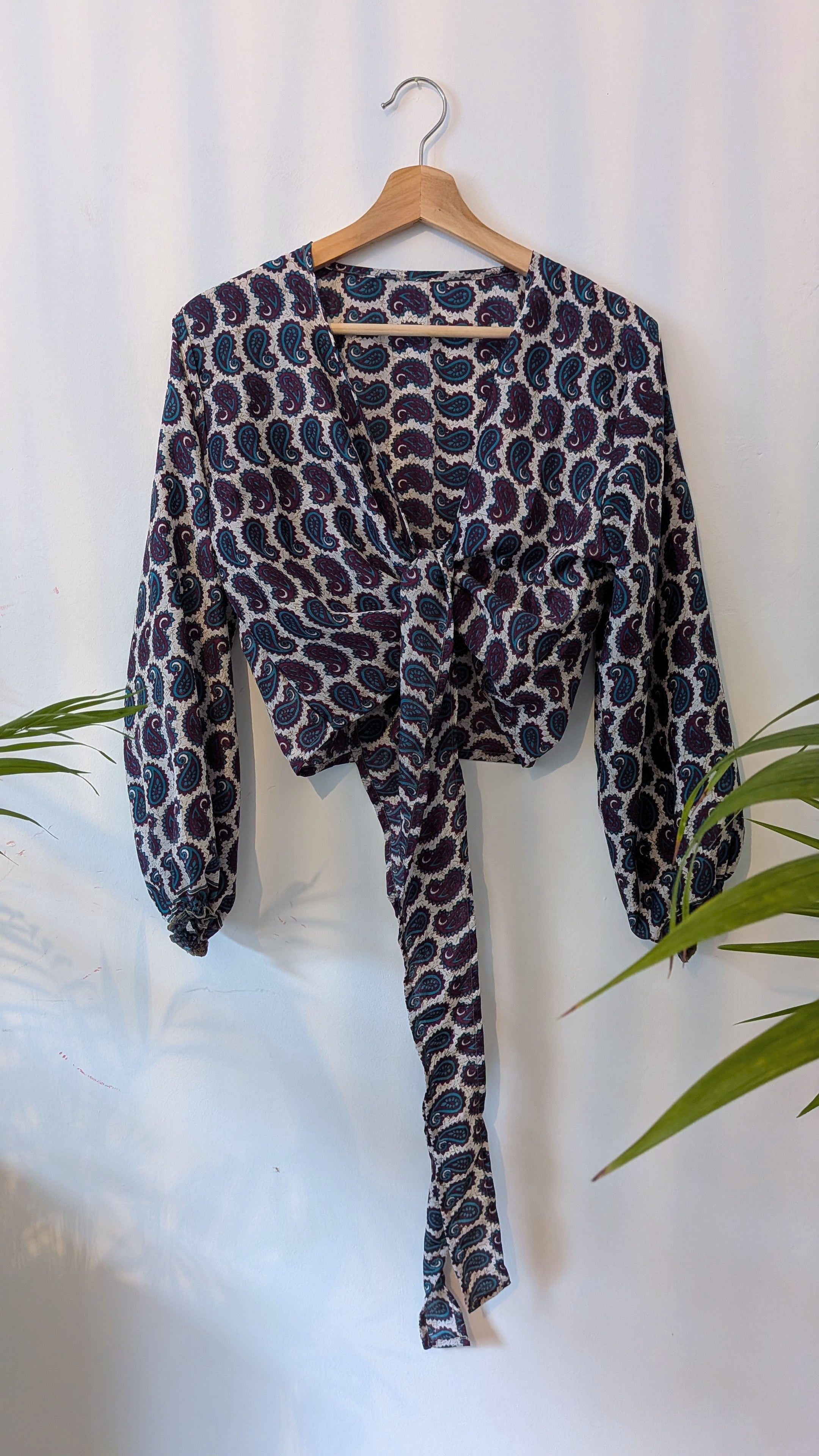 Wrap blouse with bishop sleeves