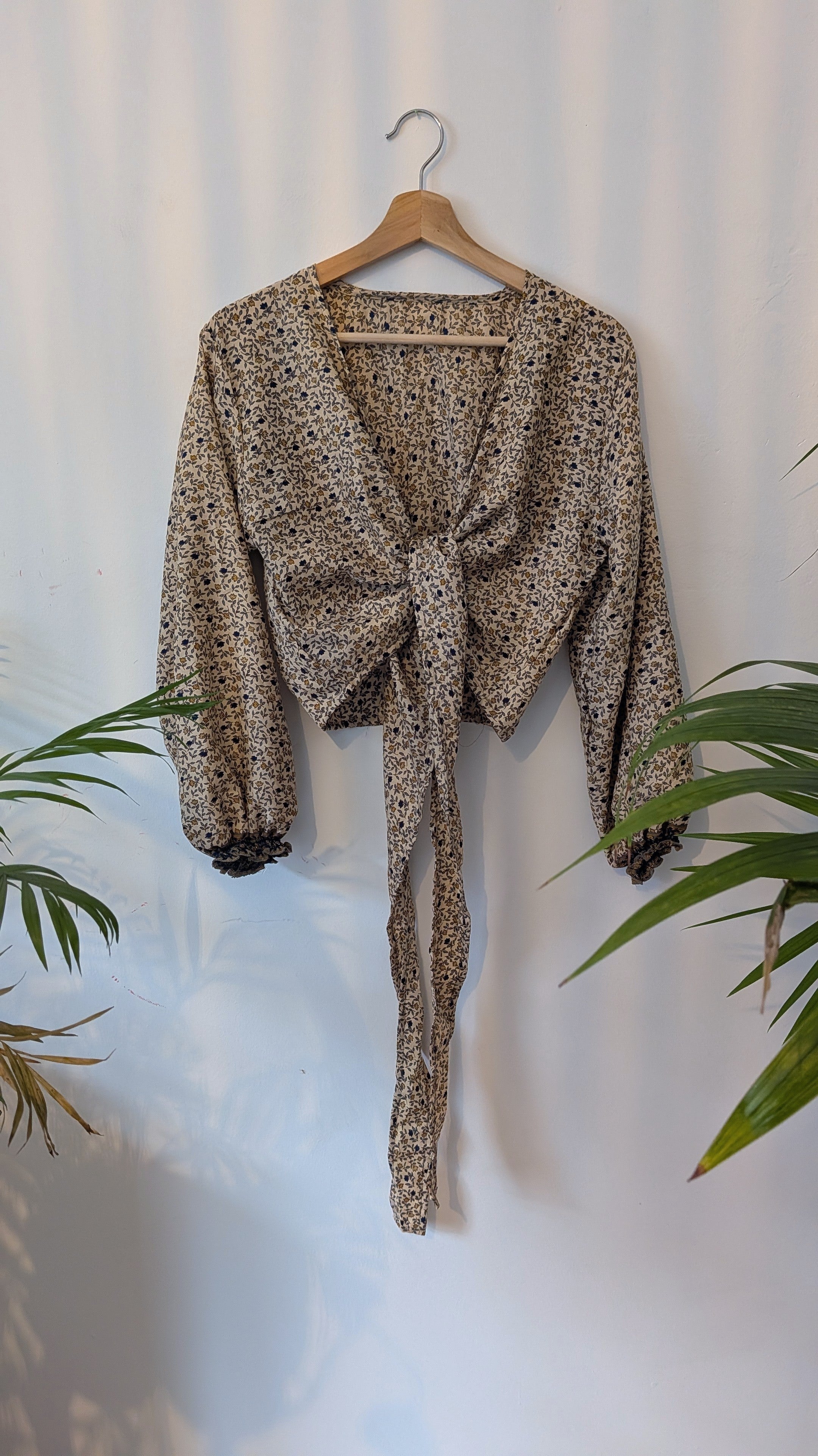 Wrap blouse with bishop sleeves