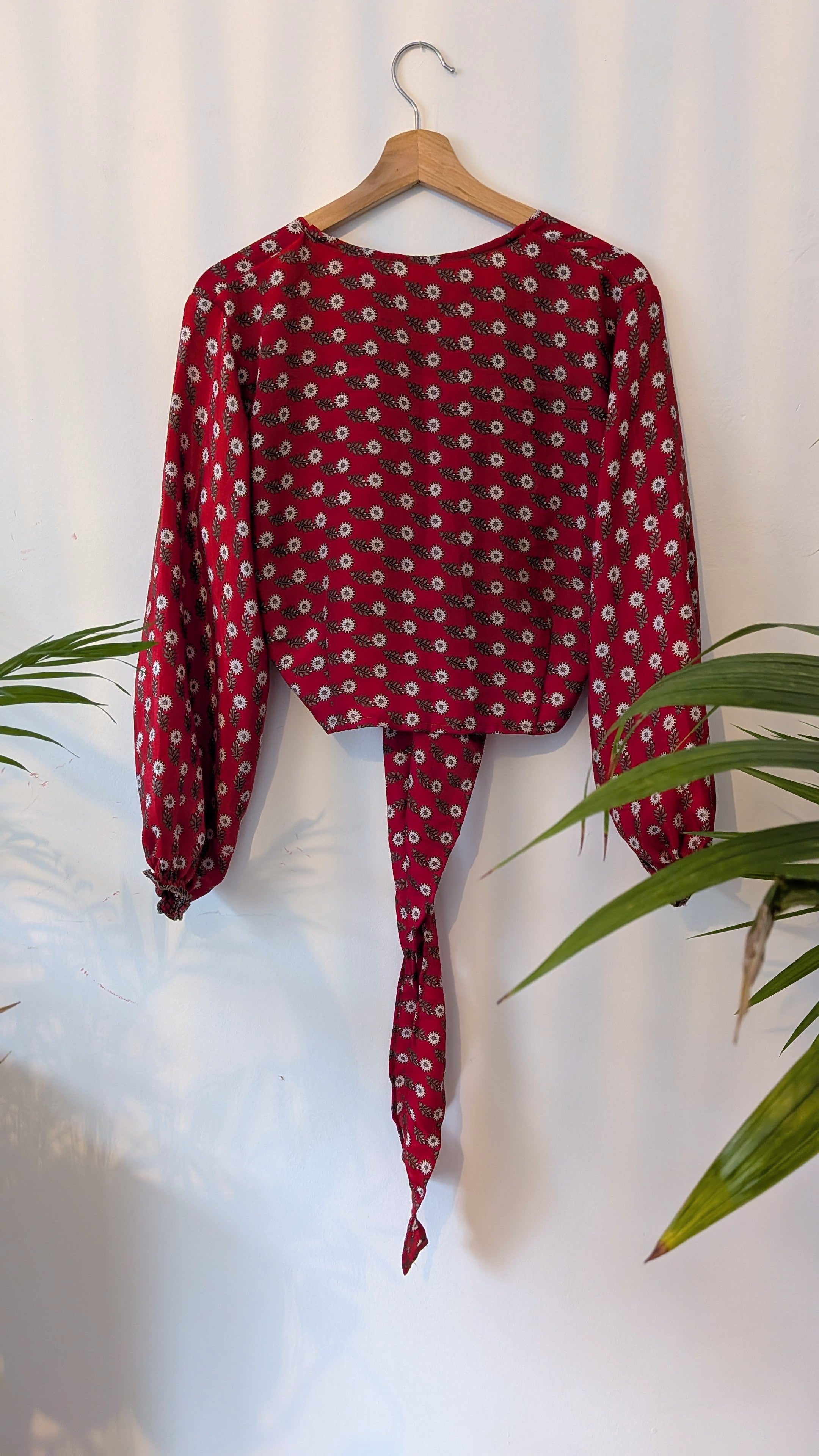 Wrap blouse with bishop sleeves