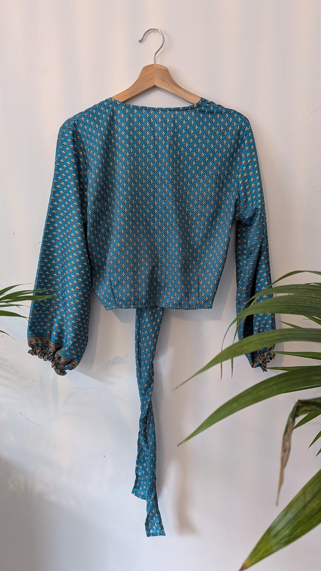 Wrap blouse with bishop sleeves