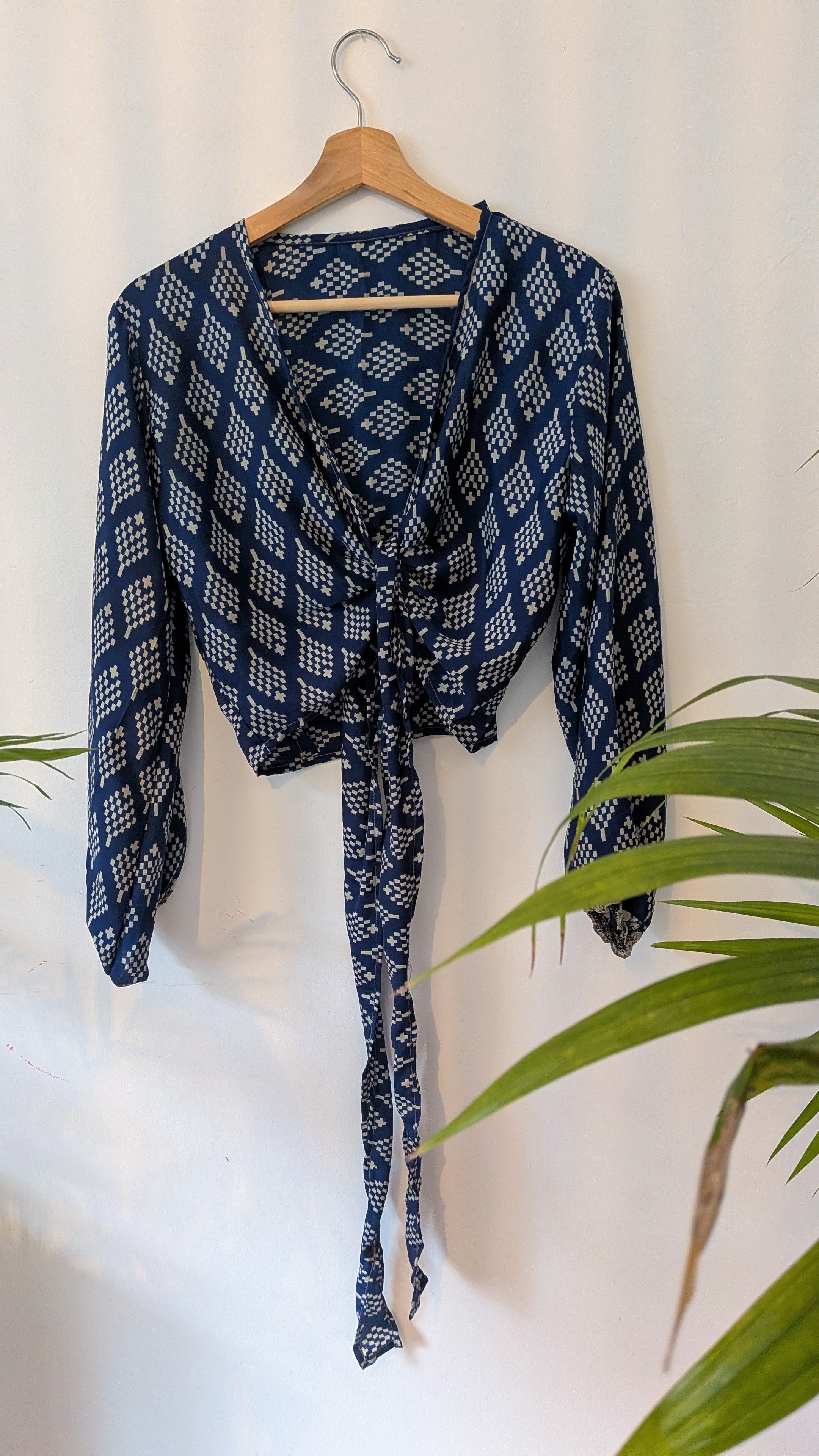 Wrap blouse with bishop sleeves