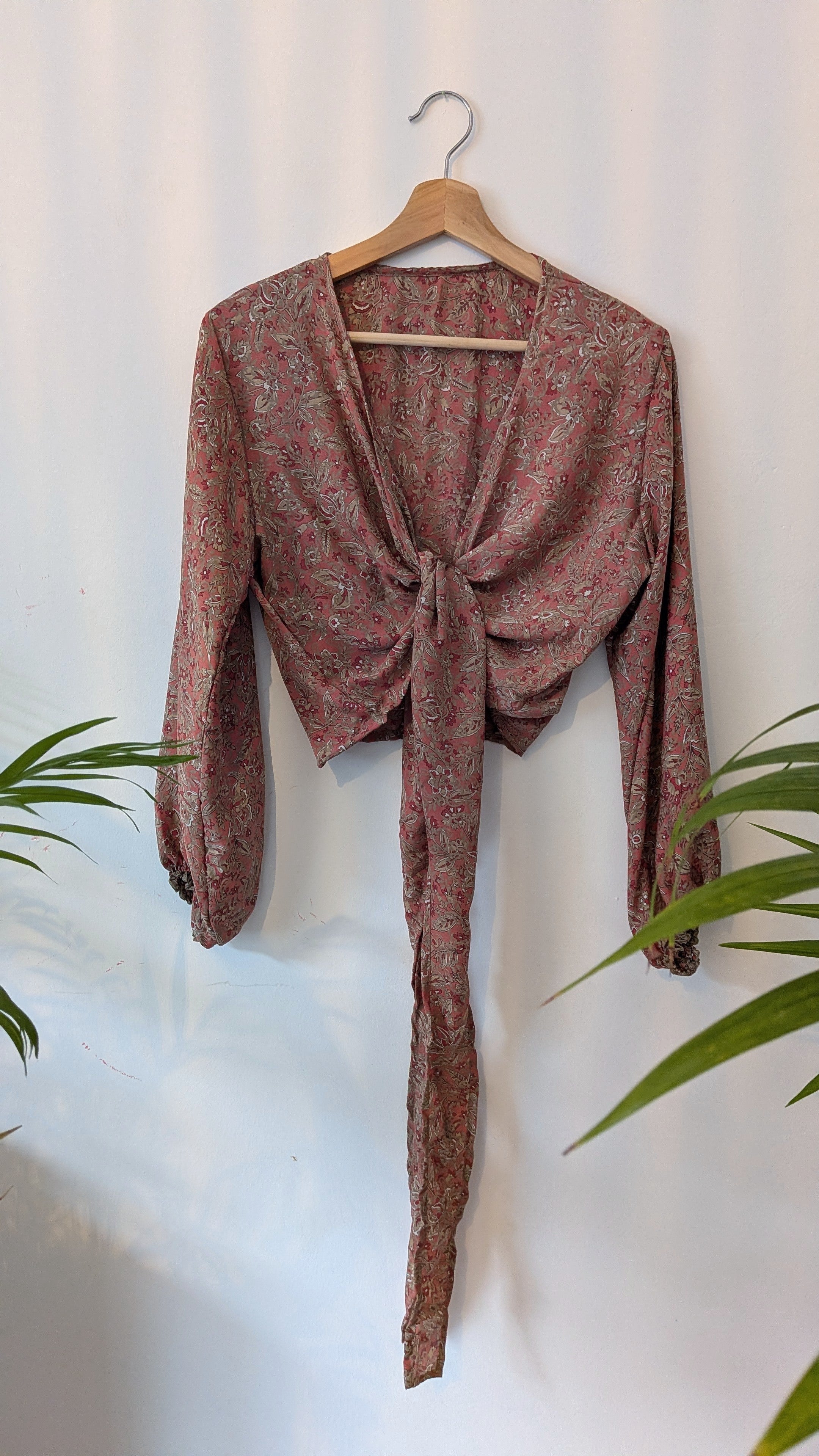 Wrap blouse with bishop sleeves