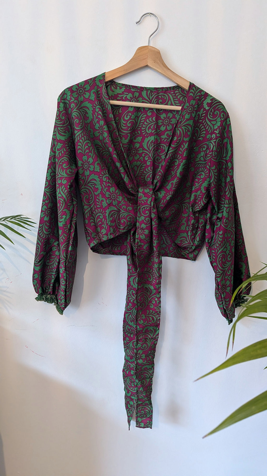 Wrap blouse with bishop sleeves