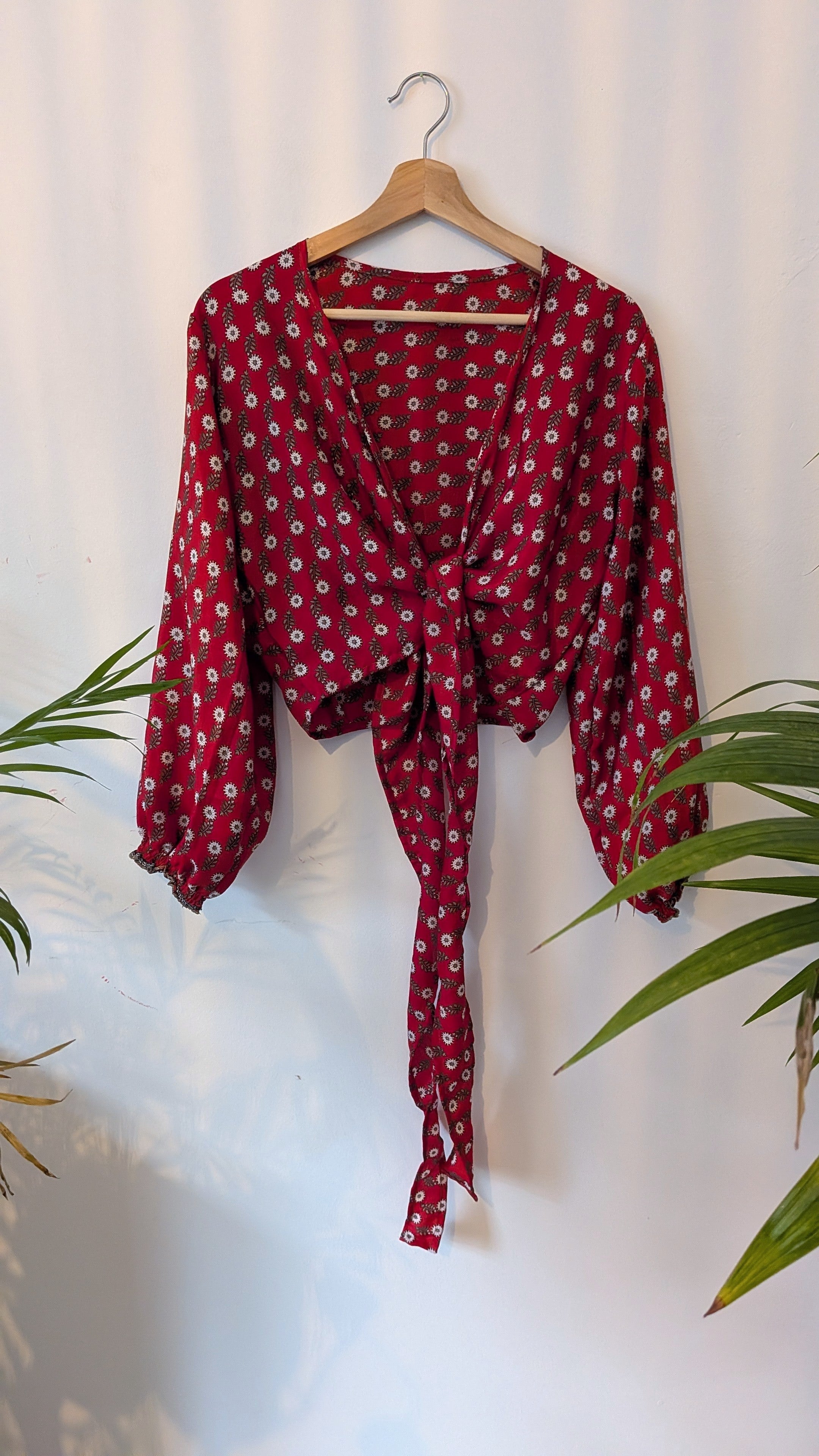 Wrap blouse with bishop sleeves