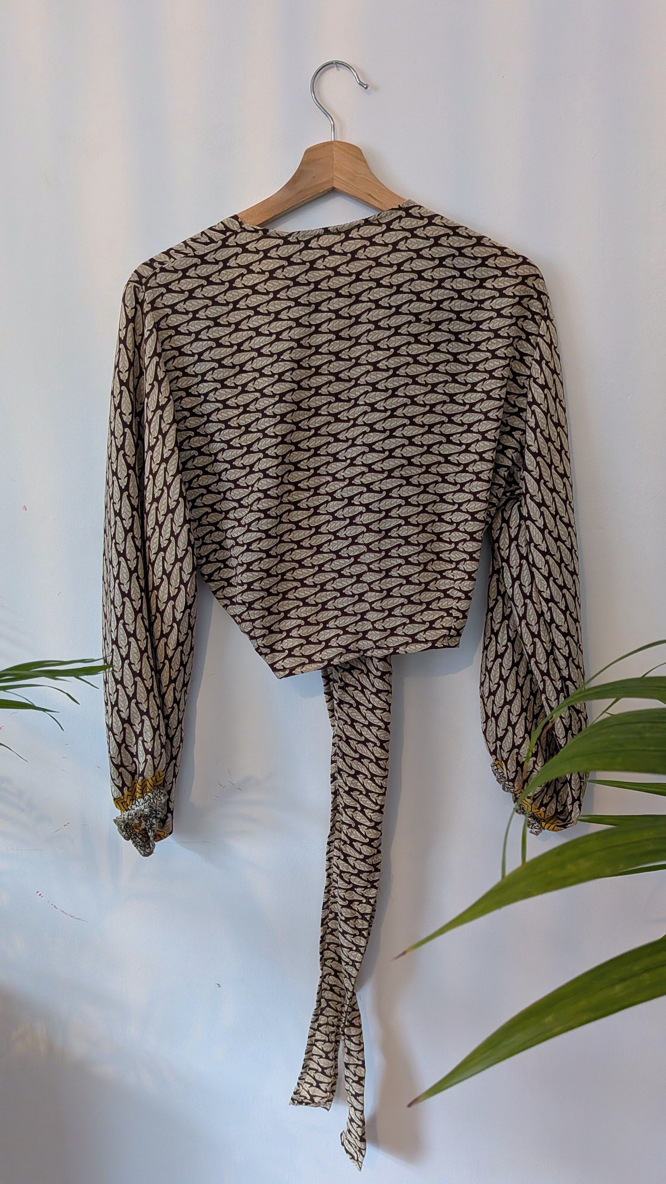 Wrap blouse with bishop sleeves