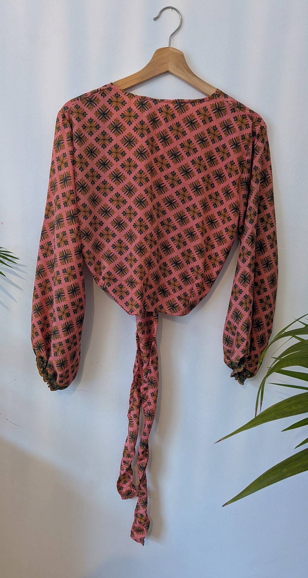 Wrap blouse with bishop sleeves