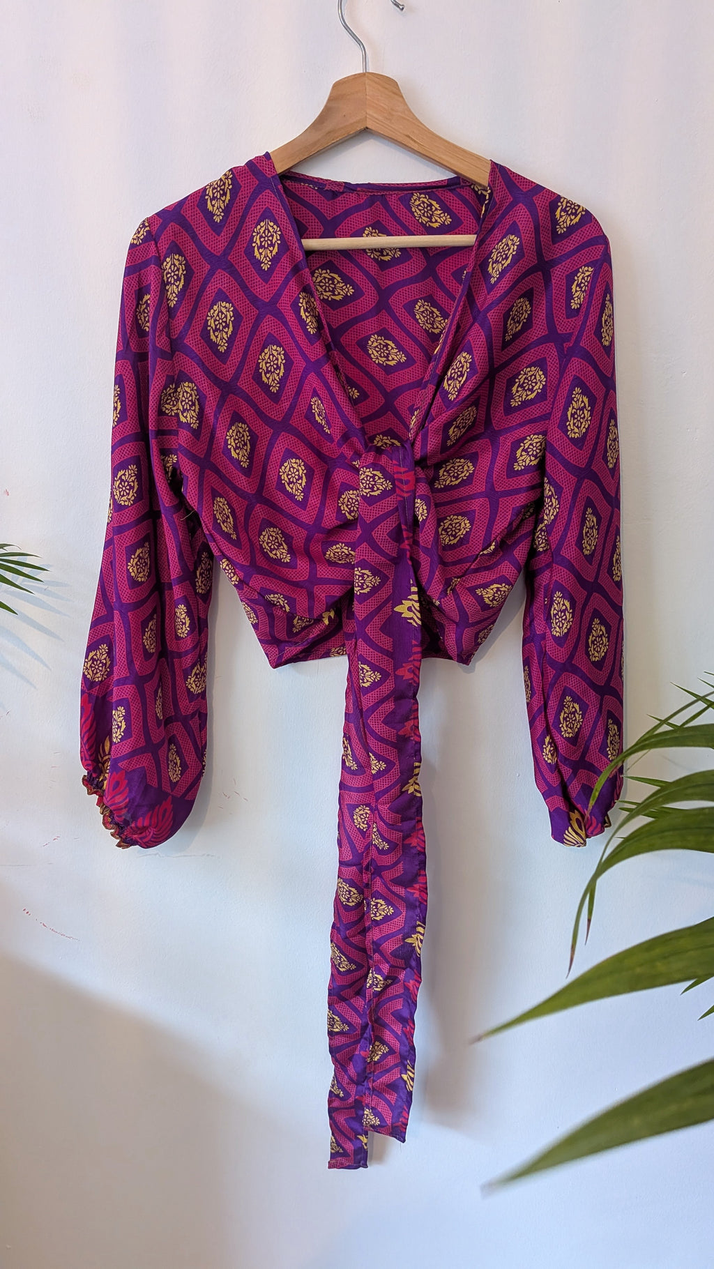 Wrap blouse with bishop sleeves