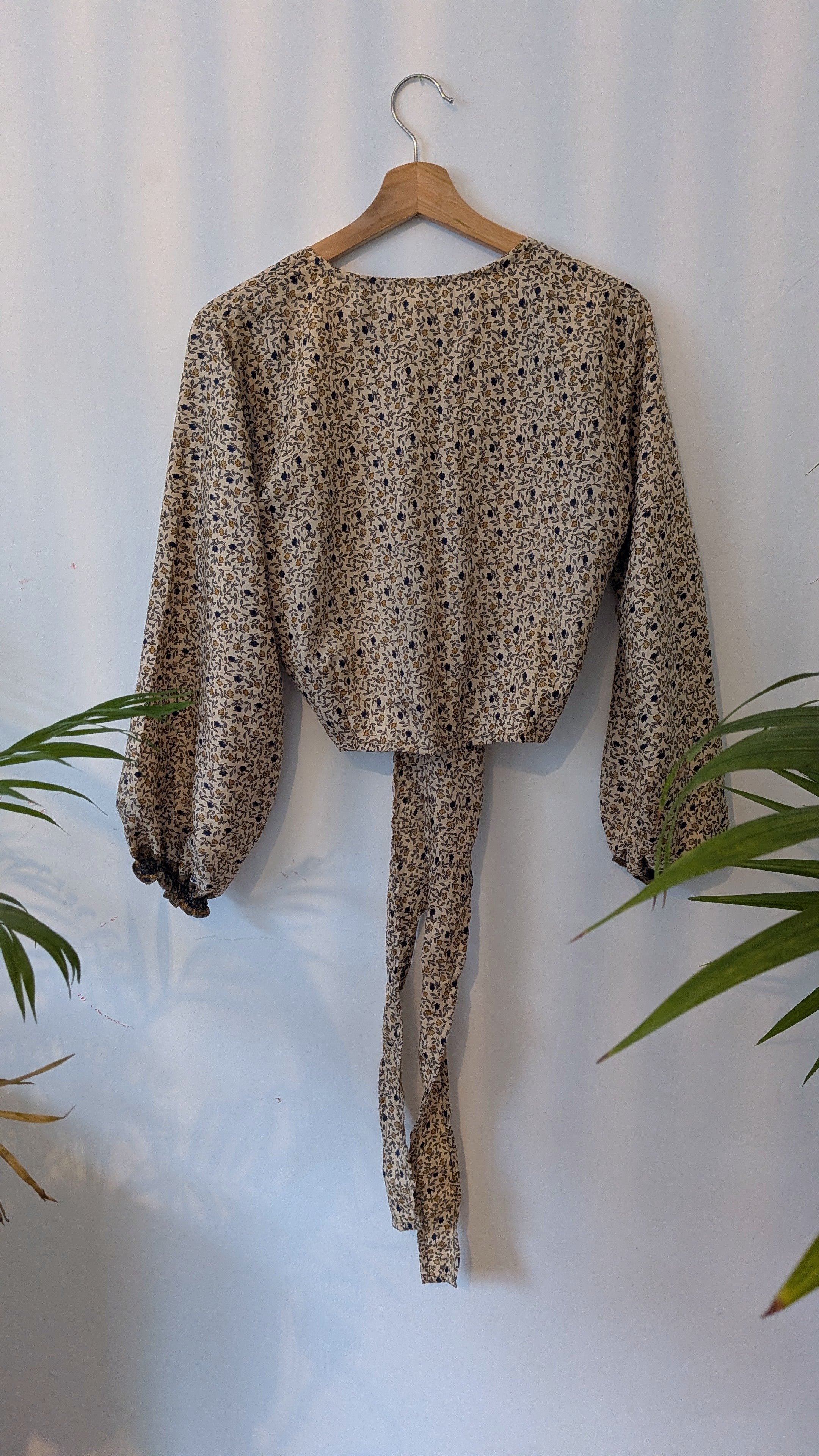 Wrap blouse with bishop sleeves