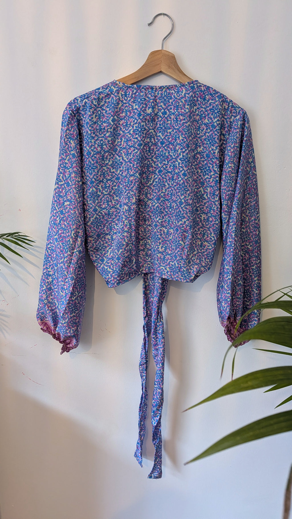 Wrap blouse with bishop sleeves