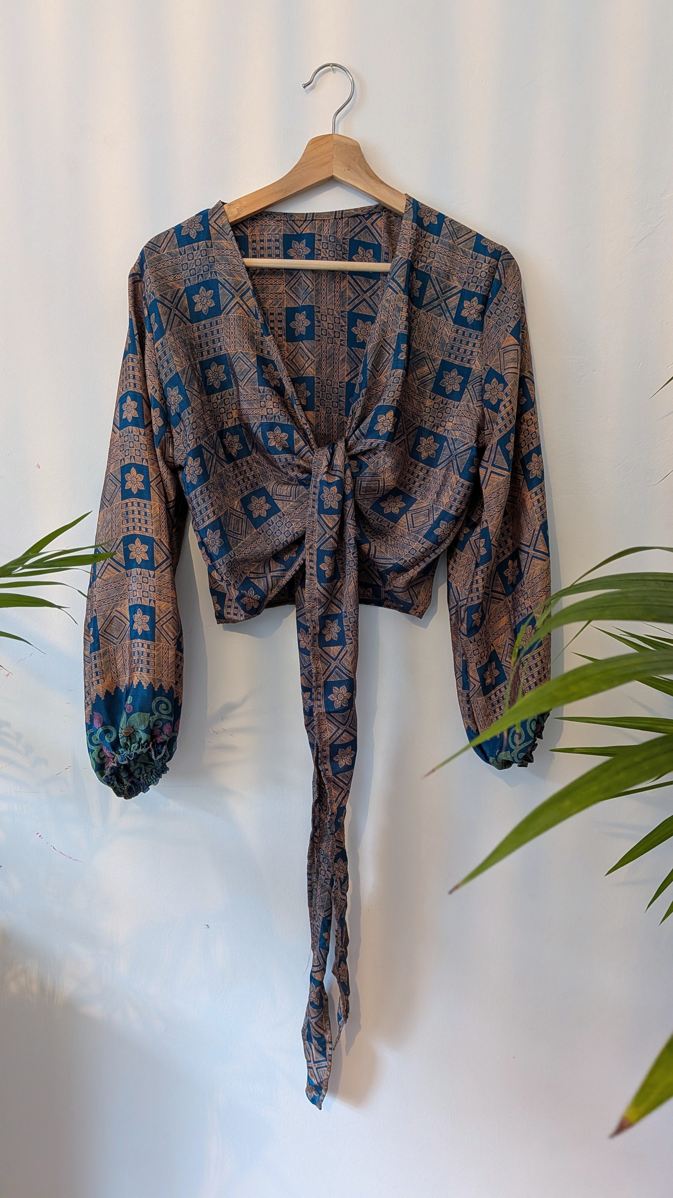 Wrap blouse with bishop sleeves