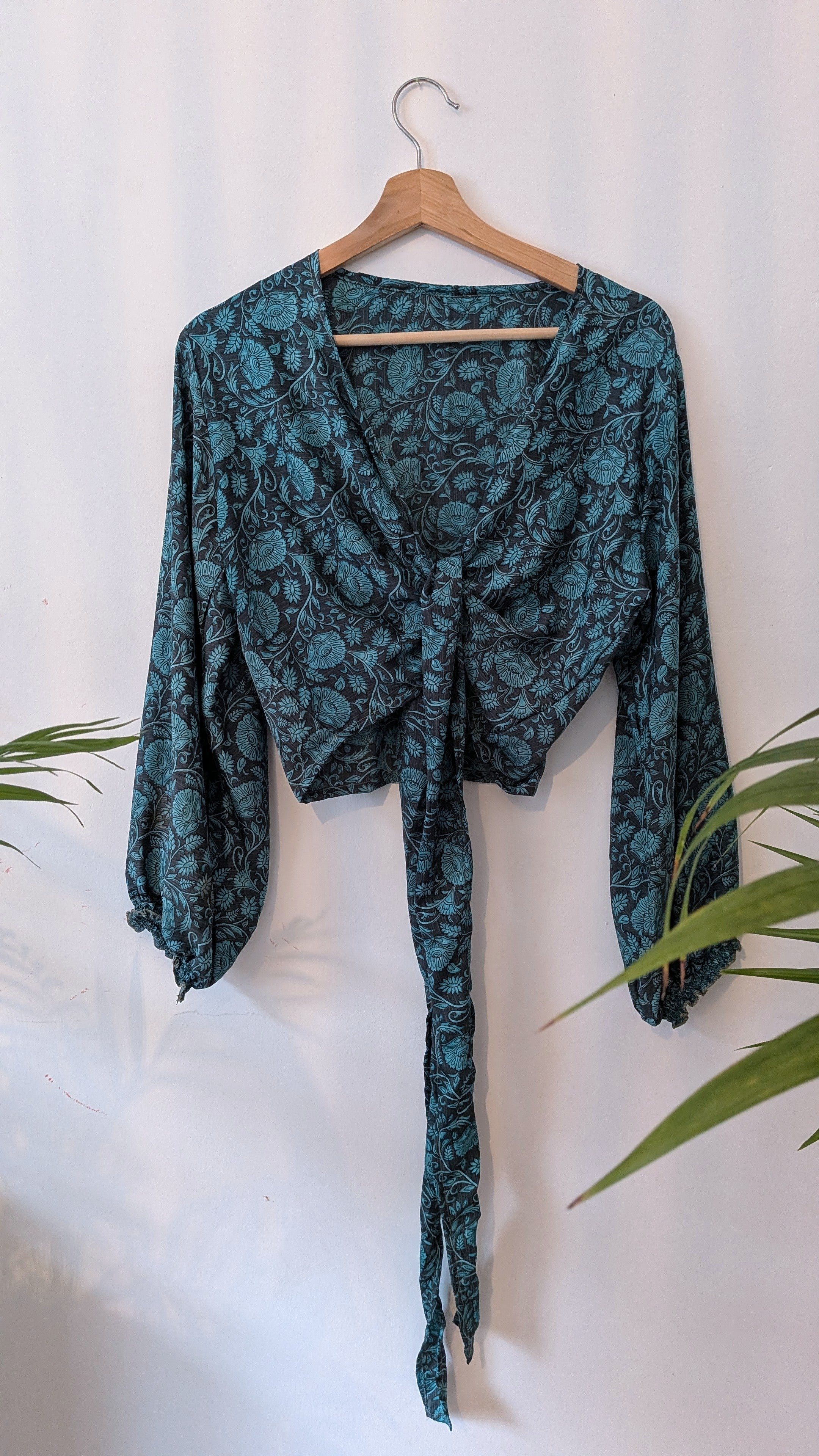 Wrap blouse with bishop sleeves